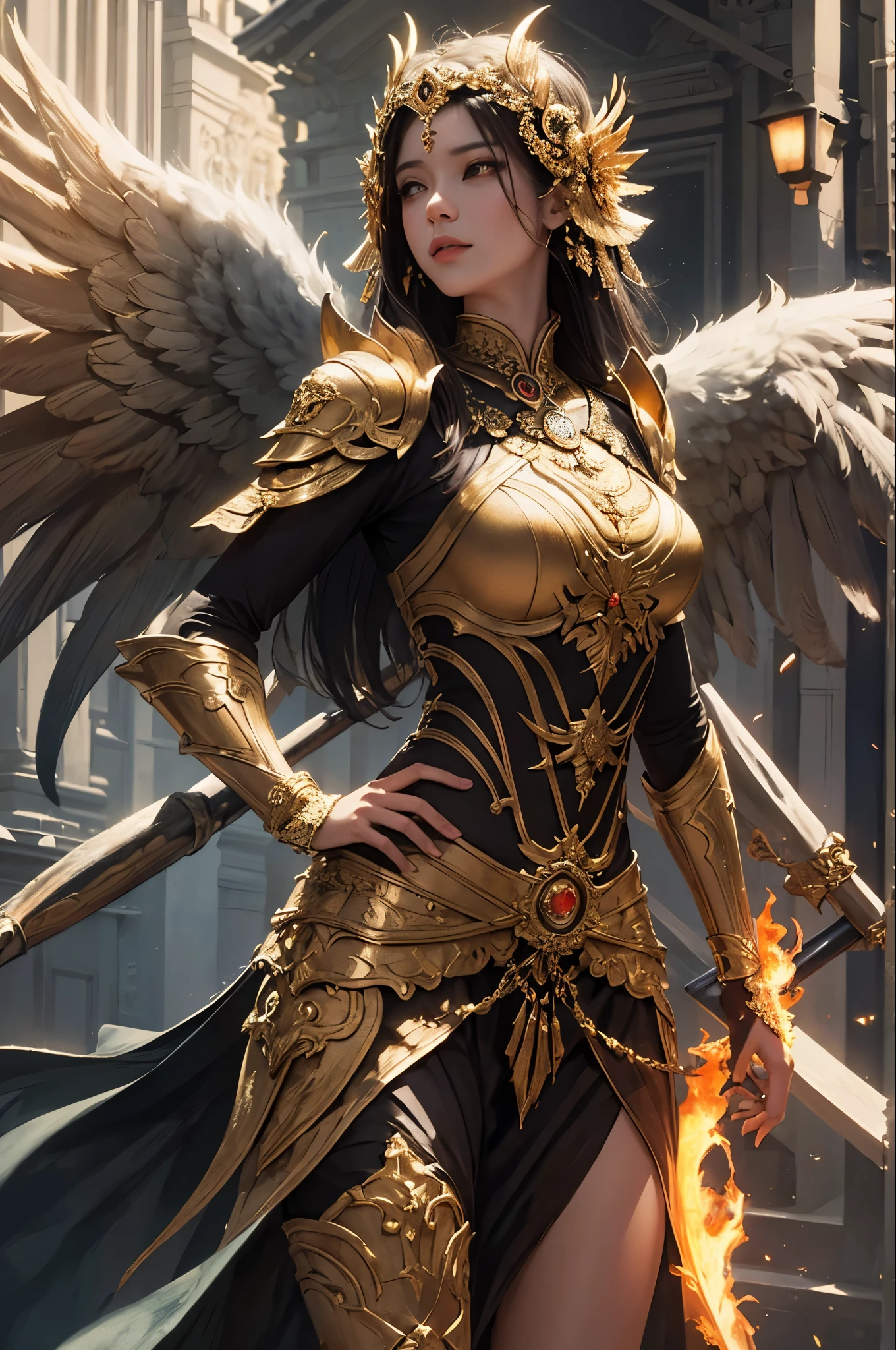 
ผลงานชิ้นเอก,Realistic, beautiful, realistic Thai girl, full body, extremely realistic image, Valorant Fade, wearing golden armor with a fierce staff, surrounded by golden fire effects. The background is the shadow of the majestic Phaya Hong, spreading its wings, brutal style, emphasizing realism. Amazing 8k cinematic quality** - Stunning variety of formats, light smoke details(strong), DSLR super35, high contrast,