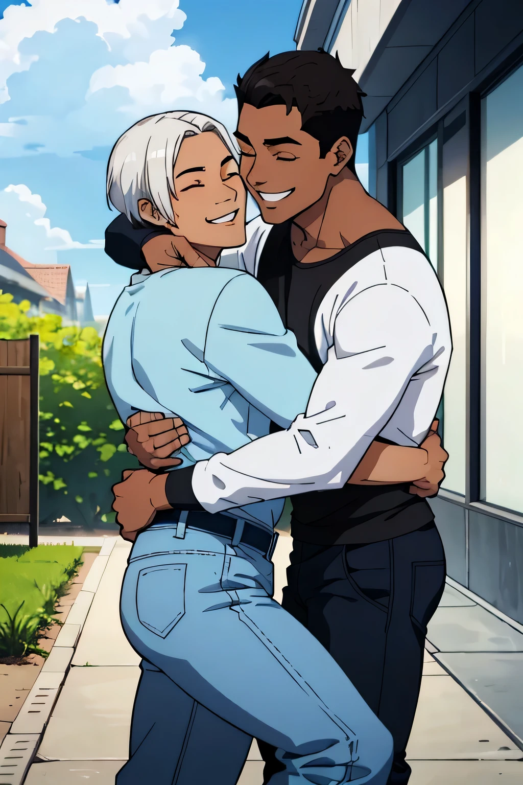 2 guys, hugging each other , same height, gay, men ,both wearing casual clothes, one has long white hair, other has blue short hair and dark skinned, smiling , happy