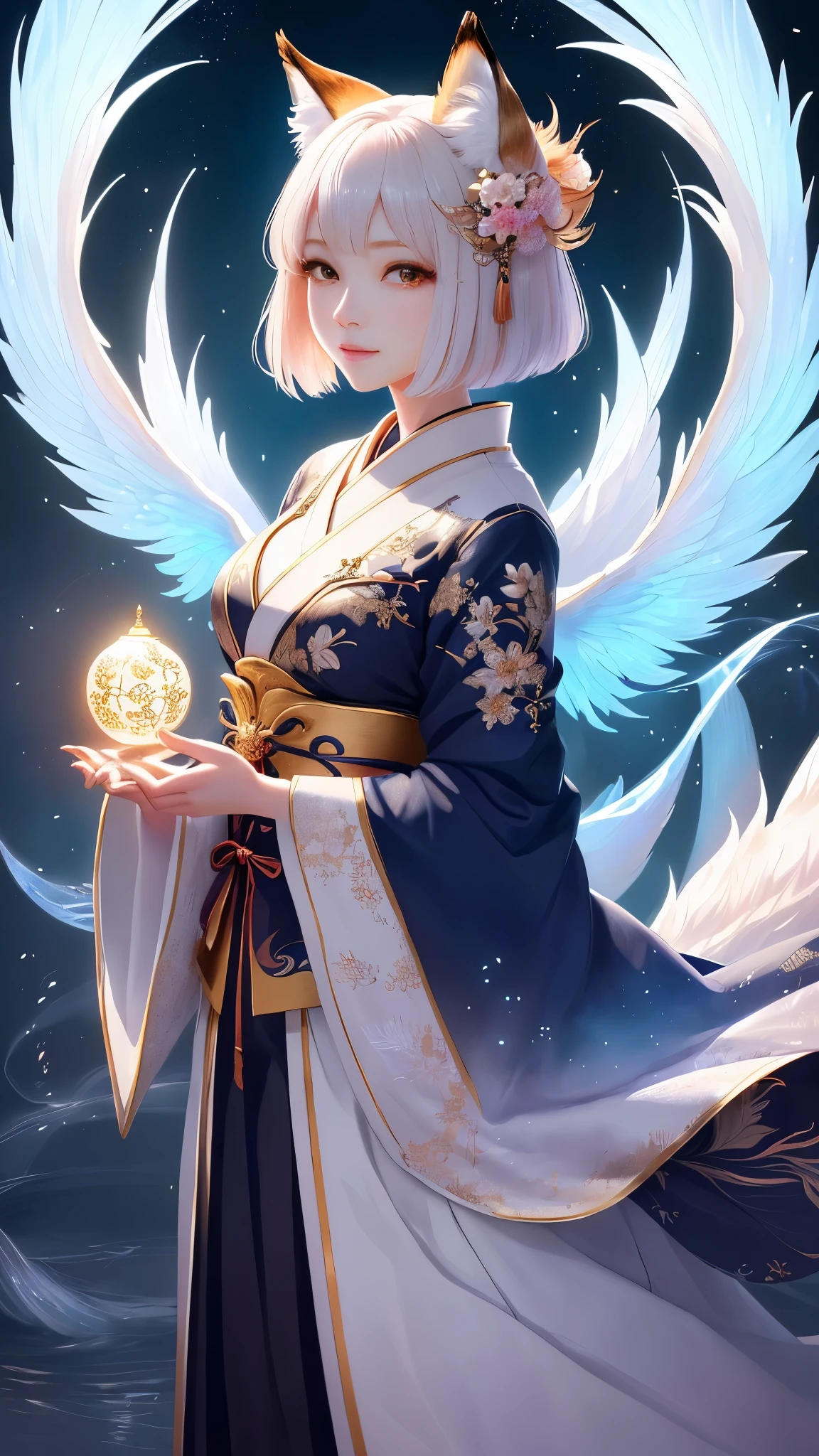 masterpiece , best quality, Close-up,Beautiful short hair,cute eyes,,4K, masterpiece, beautiful details, colorful, delicate details, delicate lips, intricate details, genuine, ultrargenuineista, 枝に座っている色とりどりの髪のFoxを持つ女の子:Mature ,sexy,色とりどりのFox, raposa de nine tails, 三尾Fox, 三尾Fox, onmyoji detailed art, beautiful fine art illustration, mythical creatures, Fox, beautiful digital art,shrine maiden,japanese architecture,hold hands,exquisite digital illustration, mizutsune, Inspired by mythical wild web creatures, pixiv in digital art, shining light, high contrast, Mysterious,枝に座っている色とりどりの髪のFoxを持つ女の子