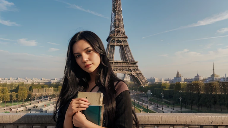 A young woman with long black hair is holding on books with Eiffel tower as background