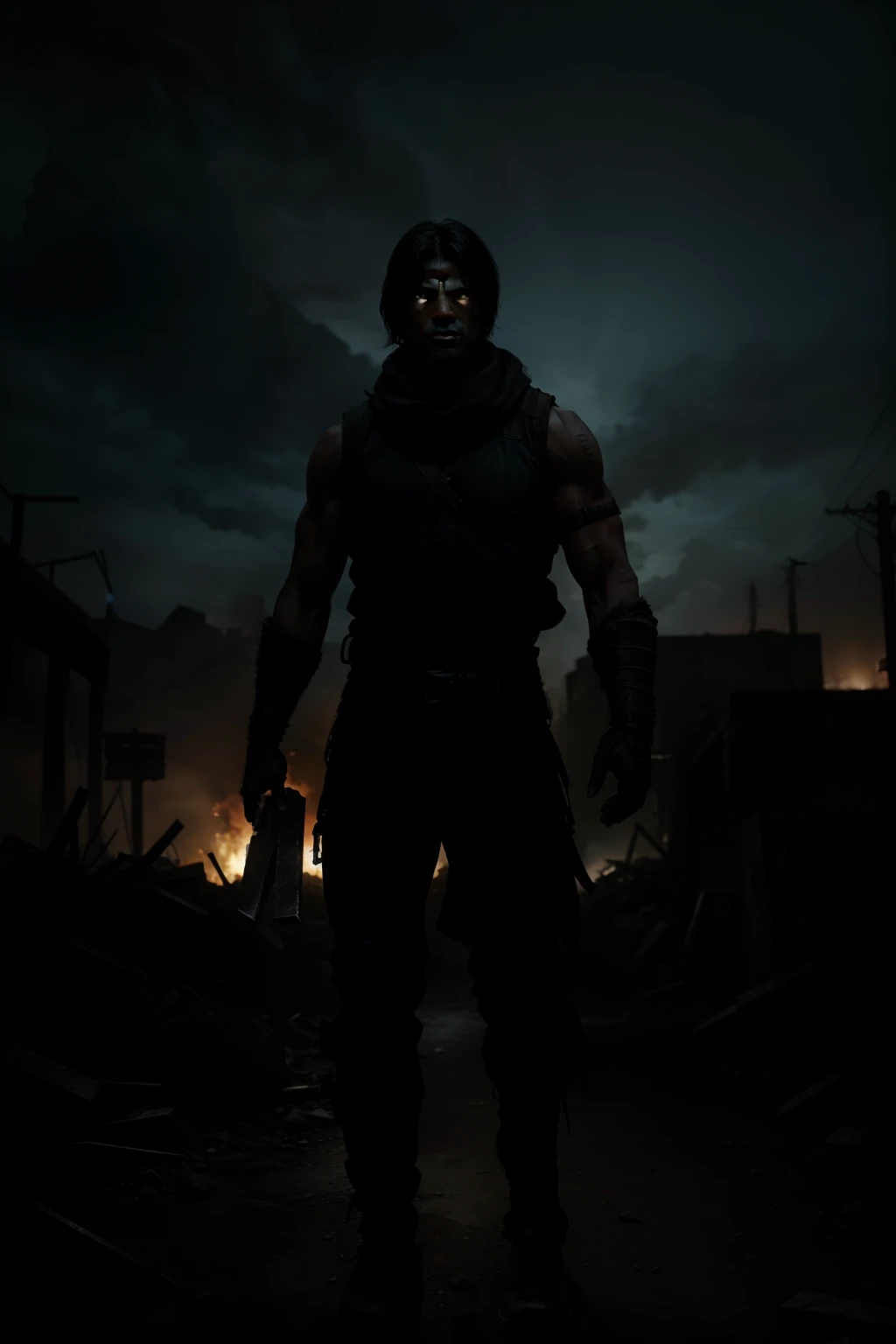 "ultra realistic soul reaver pt in a postapocalyptic background standing facing a dark path with a determination to grow strong pt with a tall well built body"