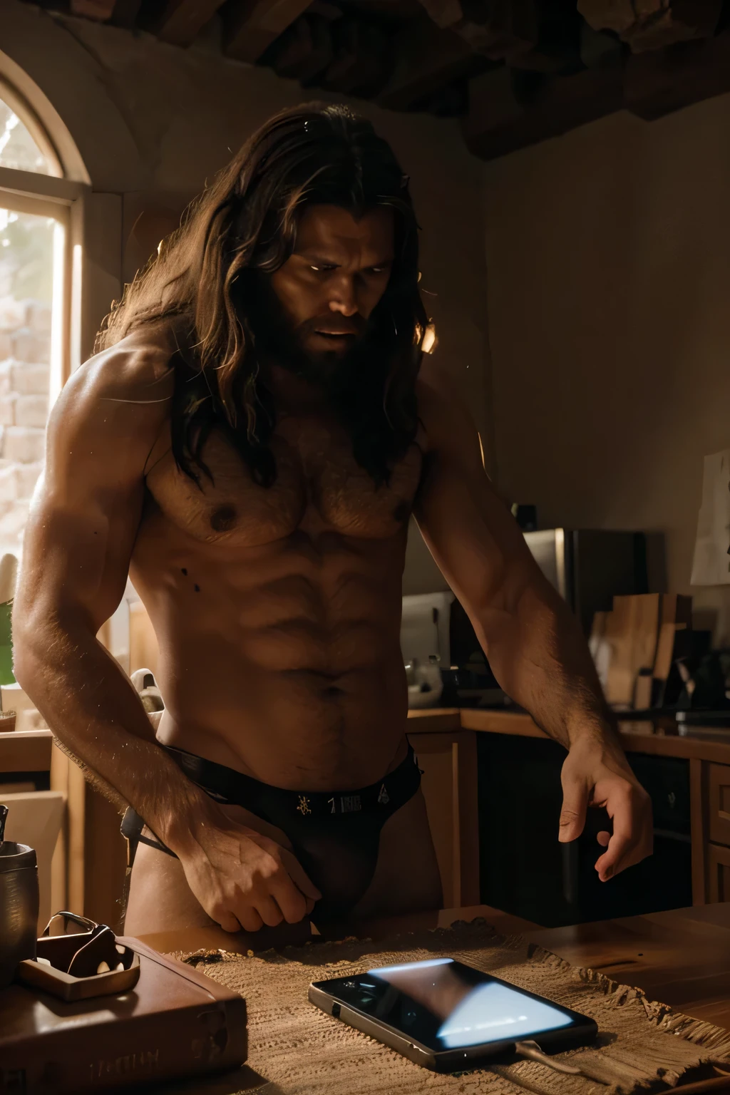 create the image of a caveman using artificial intelligence on a cell phone, positioning according to the rule of thirds, at 2160x3840 resolution, Em 4k