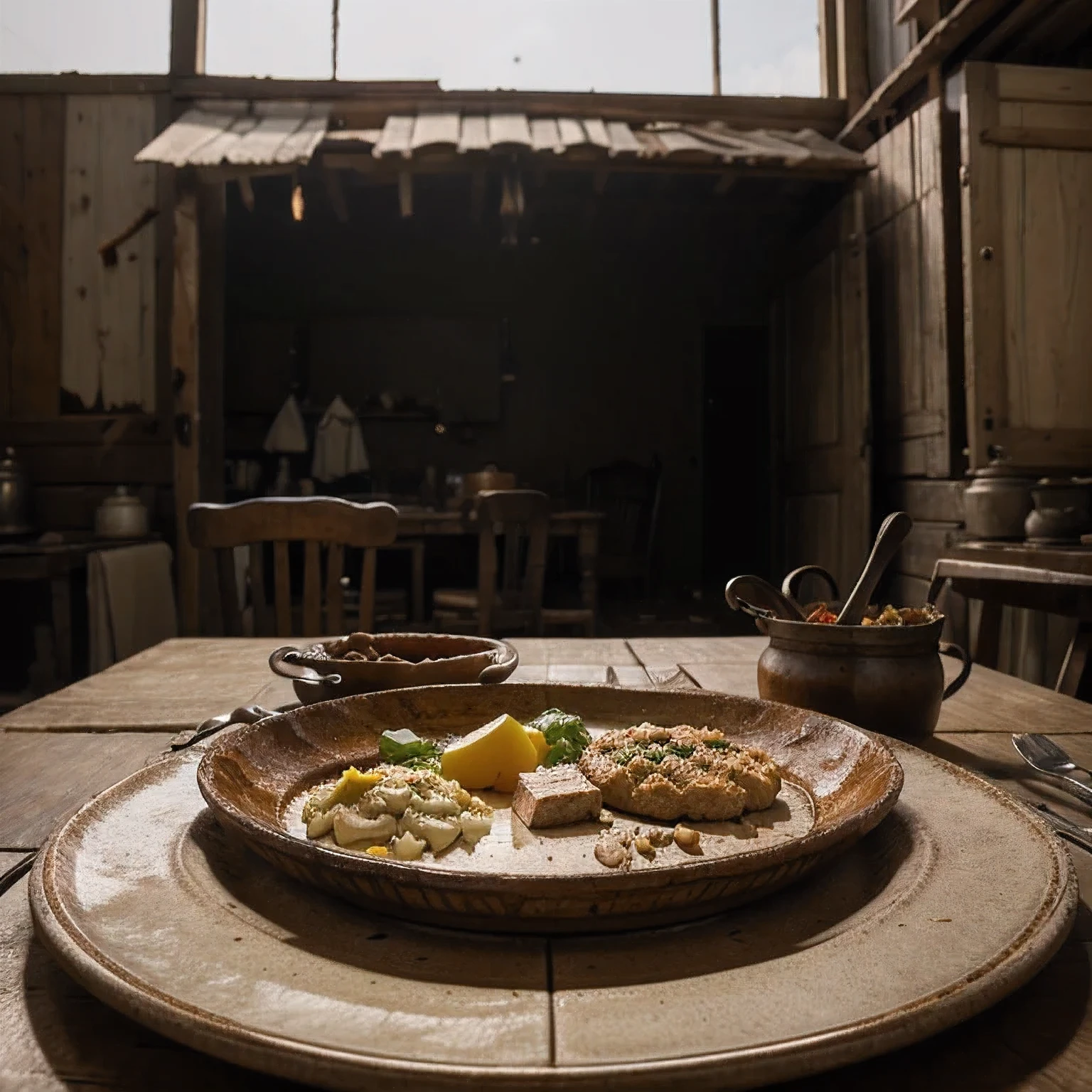 repas du Far West dans une vieille assiette, la nourriture a l&#39;air dégoûtante, tout autour, c&#39;est détruit, maison vraiment pauvre, image de haute qualité, Résolution 4k