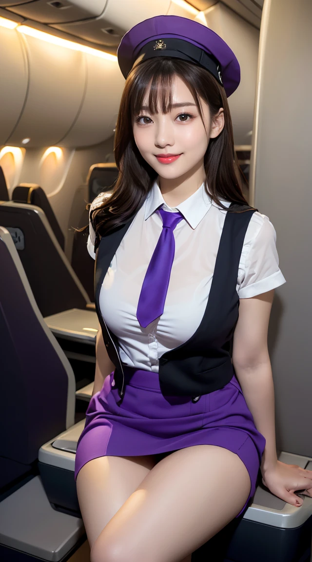 (((full body,including legs、sitting down,opened legs apart)))、(((perfect uniform of Japanese stewardess, perple uniform,necktie, purple vest-dress uniform、purple small hat, (black high-heel), little smile,white blouse,tight blouse、purple tight skirt))), white gloves, short gloves, high heel、transparant nipples,Dressed up、(Photo real:1.4)、(A hyper-realistic:1.4)、(Photorealistic:1.3)、 (gentle lighting: 1.05)、(Improve the lighting quality of your video:0.9)、32k、 1Girl、28years old girl、photorealistic lighting、Back lighting、Facial Lights、Ray Trace、(bright:1.2)、(Increase quality:1.4)、 (best quality real texture skin)、Fair eyes,Delicate and delicate face, Close-up of the breasts, white blouse,tight blouse,tight jump-skirt , (Bodyline mood improvement:1.1)、Glossy skin、wavy hair,blonde hair,韓国アイドル、乃木坂アイドル、Sculptural Idol Pose、little smile,blush,Beautiful actress、Neat woman,whole body, (((midium breasts,beautiful breasts))),(perfect row of teeth),slender waist and hip,beautiful long legull shot)、((8heads tall)、(((誘惑している、恥ずかしい)))、dynamic pose,gravure pose,(eye shadow),((red cheek、red lips)),Super Clean Night View、night time、blush,little smile,(((full shot)))、(((in the air plane))),