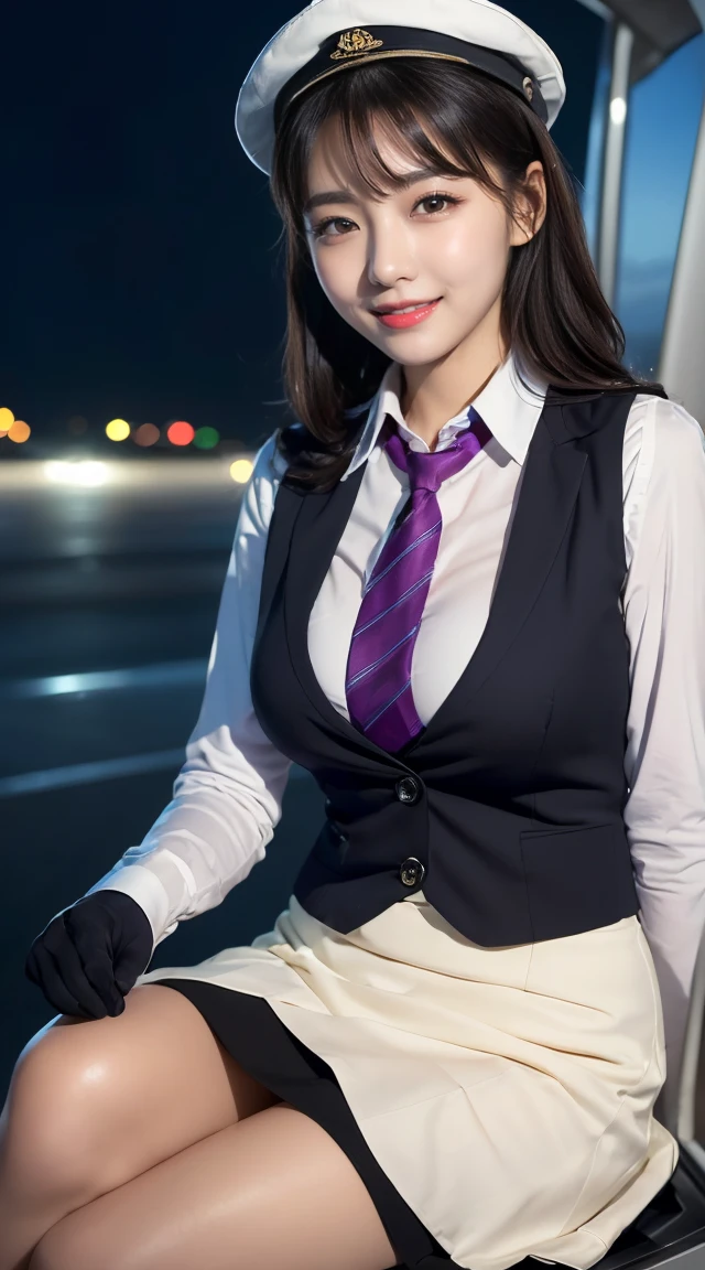 (((full body,including legs、sitting down,opened legs apart)))、(((perfect uniform of Japanese stewardess, perple uniform,necktie, purple vest-dress uniform、purple small hat, (black high-heel),  little smile,white blouse,tight blouse、purple tight skirt))), white gloves, short gloves,  high heel、transparant nipples,Dressed up、(Photo real:1.4)、(A hyper-realistic:1.4)、(Photorealistic:1.3)、 (gentle lighting: 1.05)、(Improve the lighting quality of your video:0.9)、32k、 1Girl、28years old girl、photorealistic lighting、Back lighting、Facial Lights、Ray Trace、(bright:1.2)、(Increase quality:1.4)、 (best quality real texture skin)、Fair eyes,Delicate and delicate face, Close-up of the breasts, white blouse,tight blouse,tight jump-skirt , (Bodyline mood improvement:1.1)、Glossy skin、wavy hair,blonde hair,韓国アイドル、乃木坂アイドル、Sculptural Idol Pose、little smile,blush,Beautiful actress、Neat woman,whole body, (((midium breasts,beautiful breasts))),(perfect row of teeth),slender waist and hip,beautiful long legull shot)、((8heads tall)、(((誘惑している、恥ずかしい)))、dynamic pose,gravure pose,(eye shadow),((red cheek、red lips)),Super Clean Night View、night time、blush,little smile,(((full shot)))、Super Clean Night View、night time、blush,little smile,(((in the air plane))),