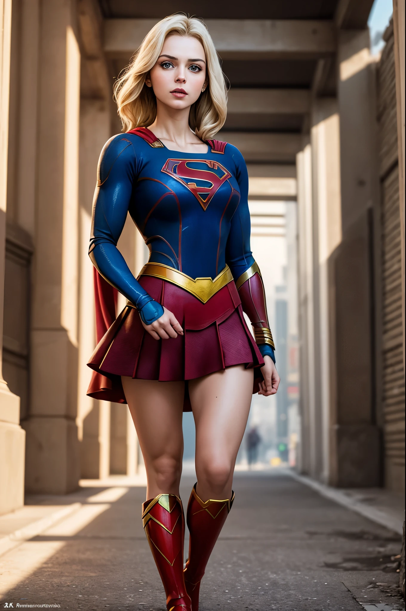 a photo of a beautiful S032_AnaMariaMarkovic, as (supergirl:1.1), in (Metropolis:1.2), (8k, RAW photo, best quality, ultra high res, photorealistic, masterpiece, ultra-detailed, Unreal Engine)