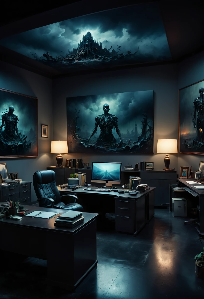 Eerie office, dark art, indoor, panoramic, Ultra high saturation, (best quality, masterpiece, Representative work, official art, Professional, 8k)