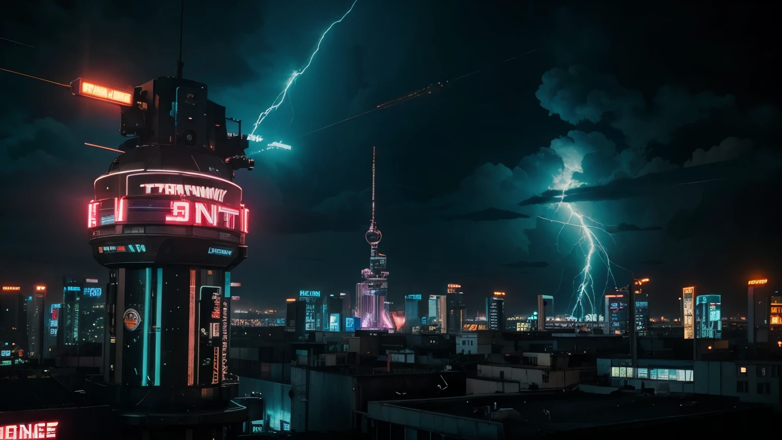 16k, dystopian city, neon background, chaotic imaginary, punk style, futuristic architecture, cinemathic lightnings, holograms, crisp lines, neon lightnings