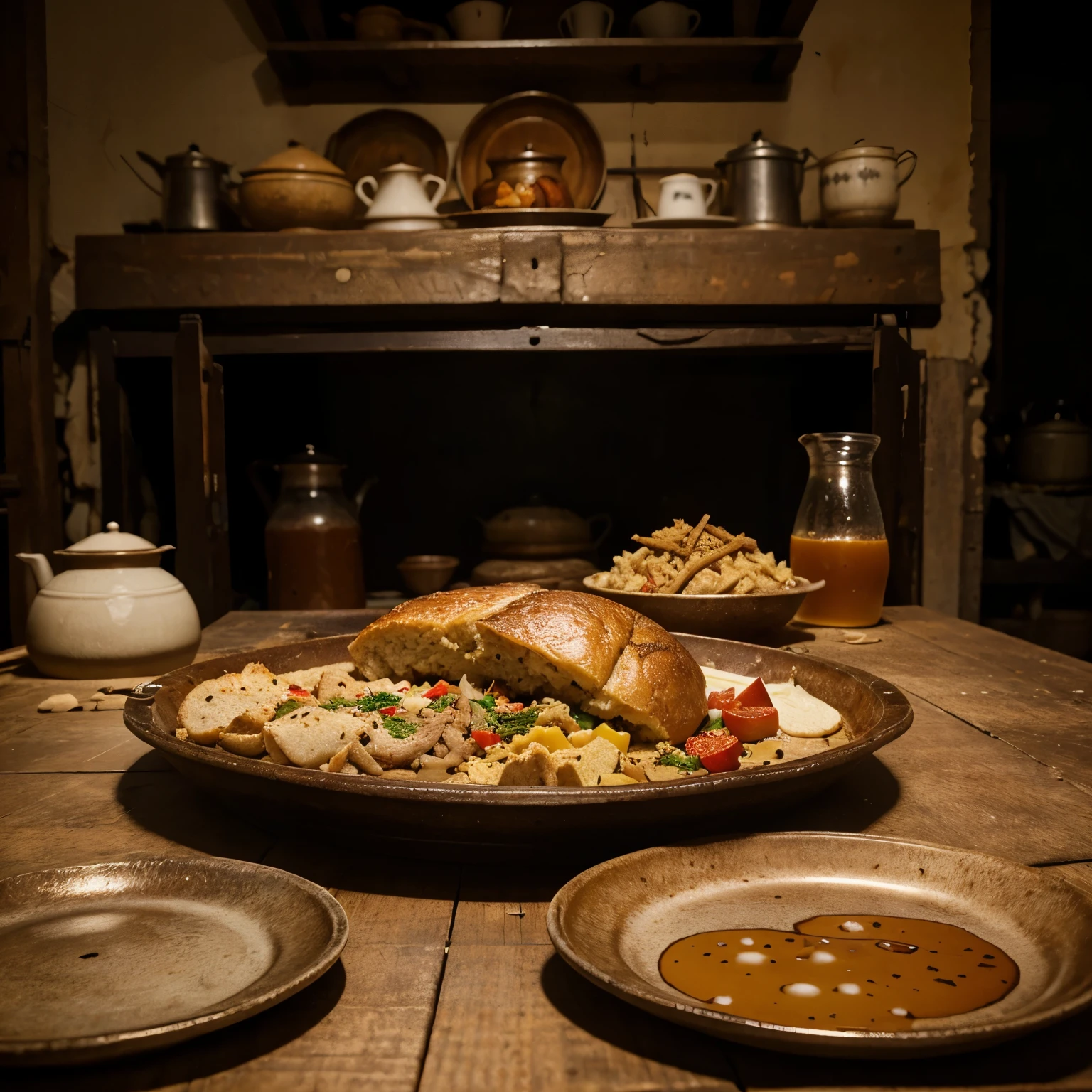 far west meal in an old plate, food looking disguting, all around its destroy, really poor house, high quality picture, 4k resolution