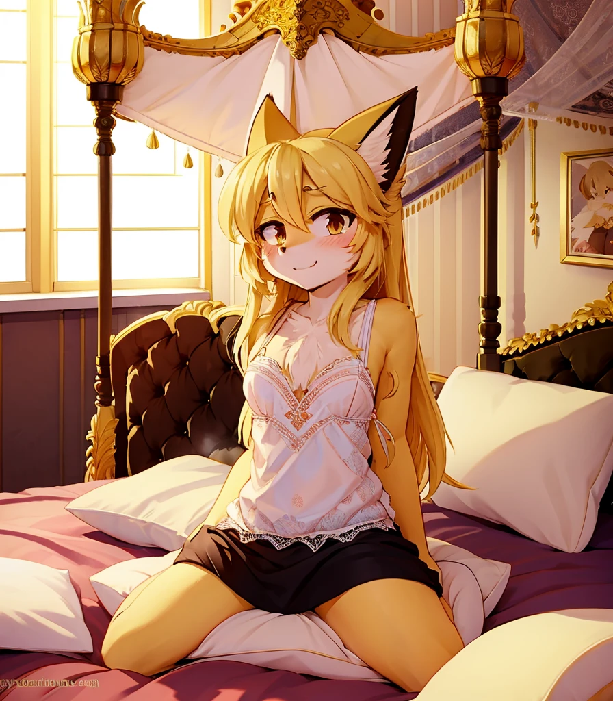 Furry cat,Yellow-fur, body,Orange eyes,Yellow hair,In the daytime,Glowing hair,Wearing white panties,Wearing white underwear,A shy look,Lying in bed,