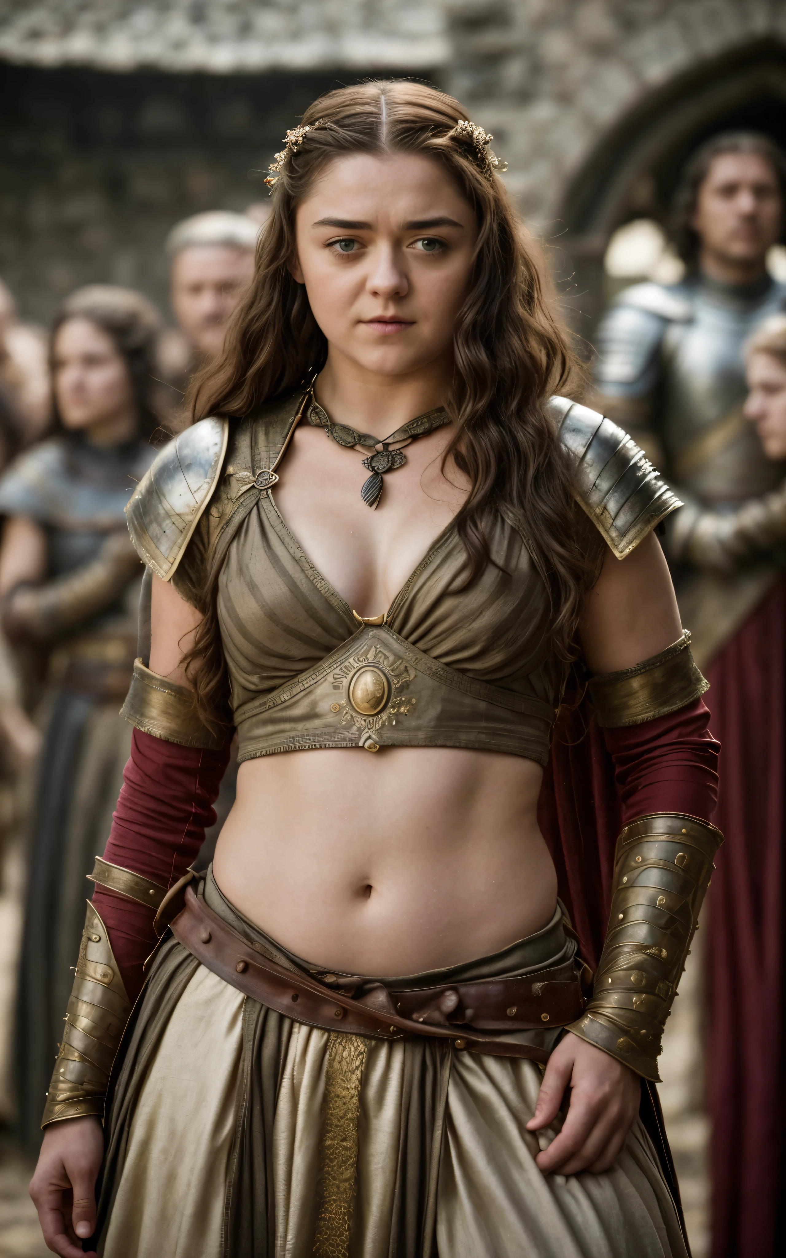 Foto RAW, Arya Stark, Extremely gorgeous lady, Arya Stark PLAYED BY MAISIE WILLIAMS, Queen Arya Stark, she a mature woman now, milf, sexy mediaeval battle dress, gladiator woman, body, 40 years old Woman, royal linen clothes, Roman slave dress, cotton dress, busty mediaeval costumes, body revealing costumes, perky breast, big natural breast, erotic costumes, lusty physique, seductive figure can capture every people's attention, Game of thrones costumes, revealing captivating figure, Mediaeval costumes, revealing clothes, A tomboy, she would rather fence than dance, warrior queen , game of thrones screen caps, Game of Thrones Series, (pele altamente detalhada: 1.2), 8k UHD, DSLR, soft-lighting, alta qualidade, grain of film, Fujifilm XT3, flawless picture, highly detailed, detailed Beauty, intricate, 32k, sharp picture,