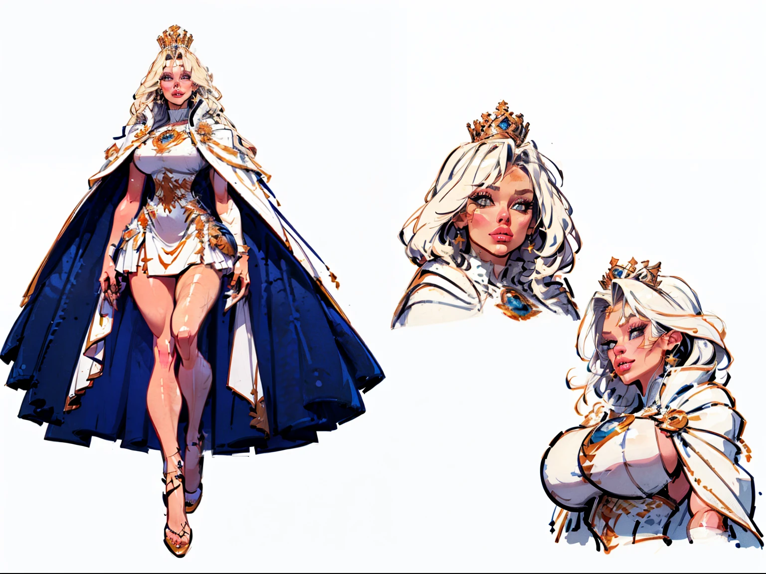 ((masterpiece)),(((best quality))),((character design sheet)), illustration,1woman, environment Scene change,  muscular, (white skin:1.4), white legs, thick legs, (royalty cape:1.5), scribbles and marks, fire, ((detailed face:1.1)), rough sketches, pose too, blonde and white color palette, 8k,16k, (simple background, light background: 1.3)