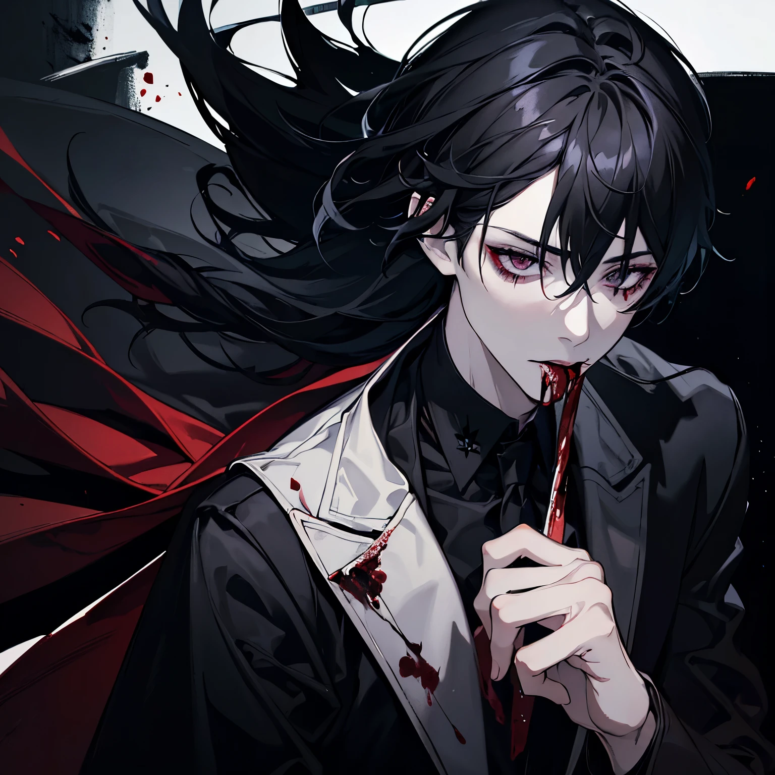 dark, dark lighting, solid black background, anime man, painted, canvas, painted style, ashy hair, detailed painted eyes, eating blood, pale skin, black suit with gloves, aloof, looking down, dark red tongue sticking out to eat blood