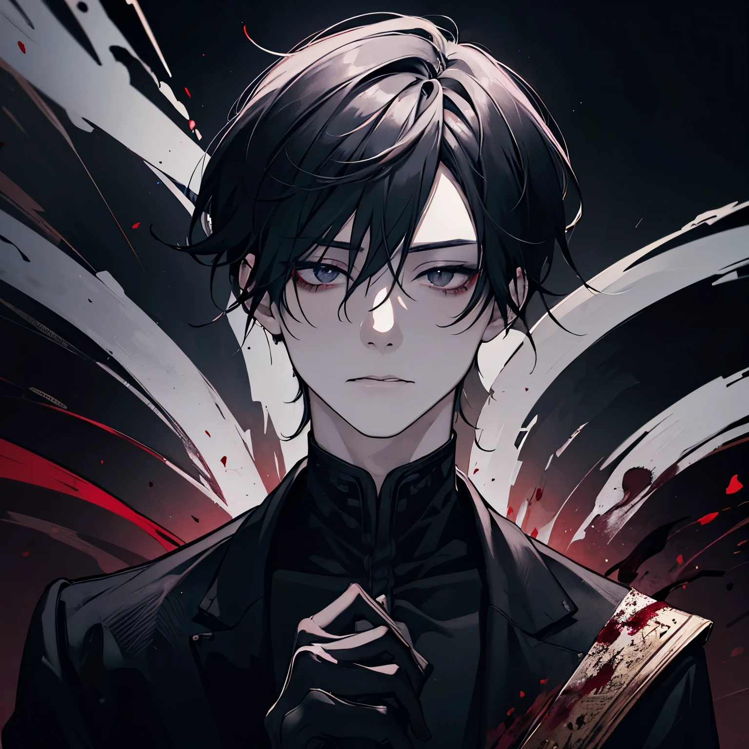 dark, dark lighting, solid black background, anime man, painted, canvas, painted style, ashy hair, detailed painted eyes, eating blood, pale skin, black suit with gloves, aloof, looking down, dark red tongue sticking out to eat blood, gorey