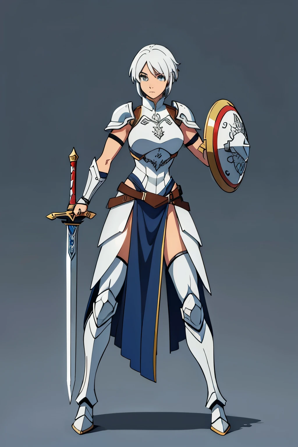 full body, a female warrior , wearing armour , with shield and sword, white hair