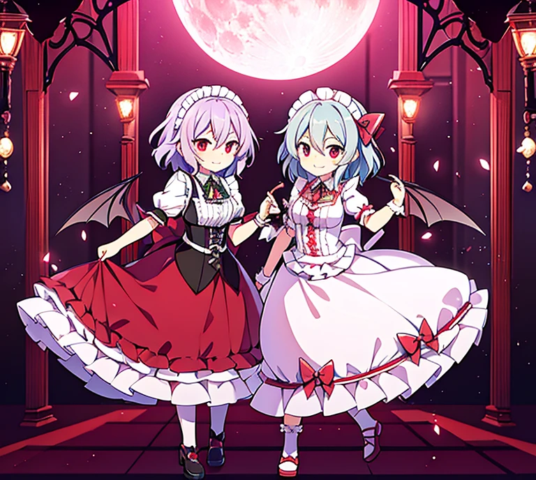 (Sakuya Izayoi)、(Remilia.Scarlet)、black tea、Western style mansion、moon、Smile、2 girls、Handsome、throwing knives、dashing、maid outfit、Lolita