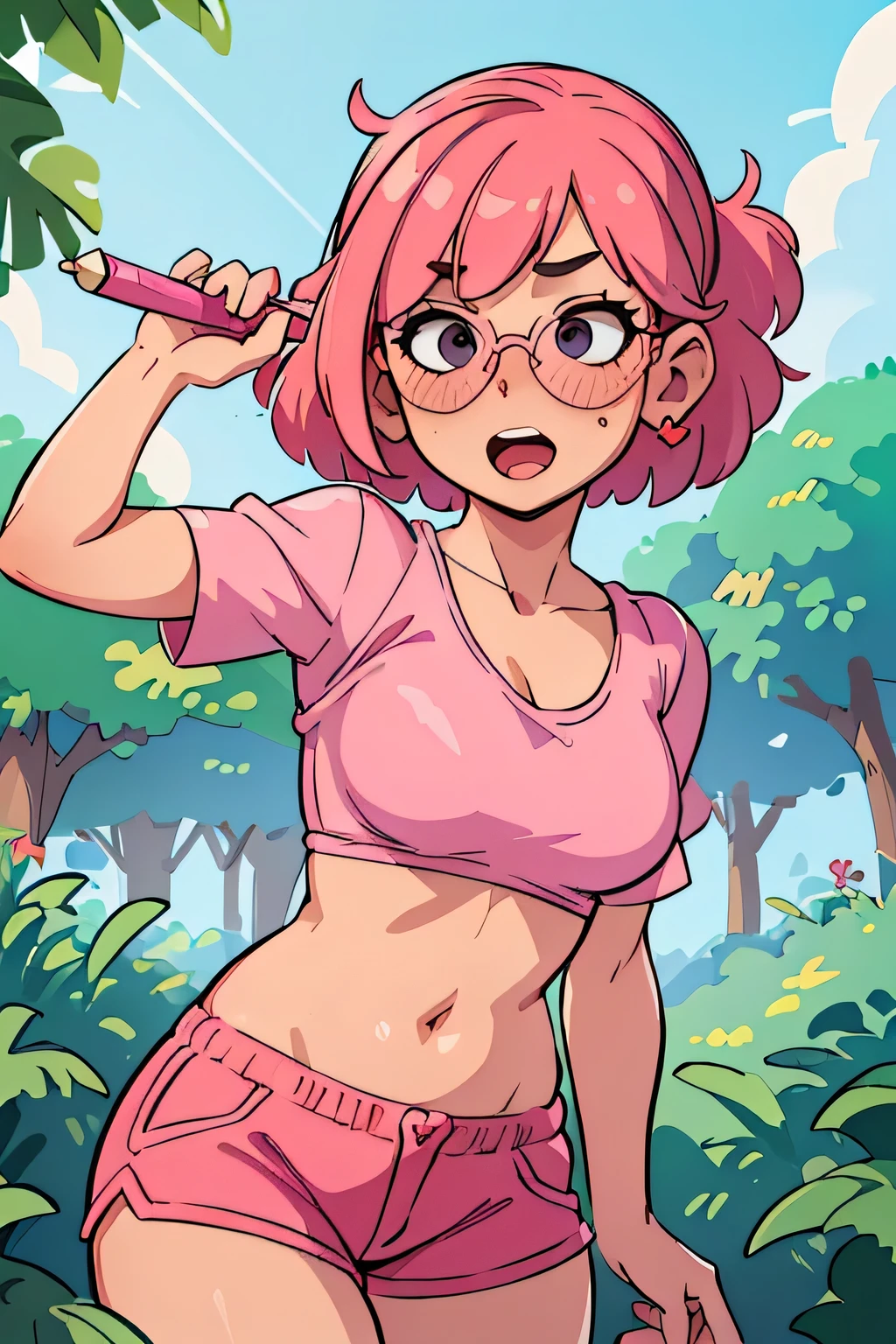 (Best quality,4K,8K,a high resolution,masterpiece:1.2),ultra detailed,(Realistic,photoRealistic,photo-Realistic:1.37),portrait,Girl with short pink hair,pink heart shaped sunglasses,pink top,pink shorts,Holding a pink stick in your hands, (GLAD), Park in the background