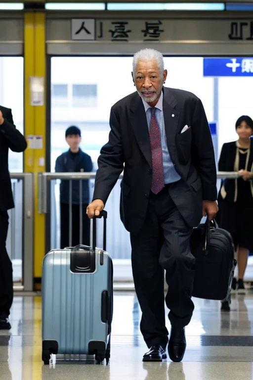 The moment Morgan Freeman arrived in Japan: Back view of Morgan Freeman walking through the airport gate。carry baggage、His expression is a mixture of expectation and anxiety.。