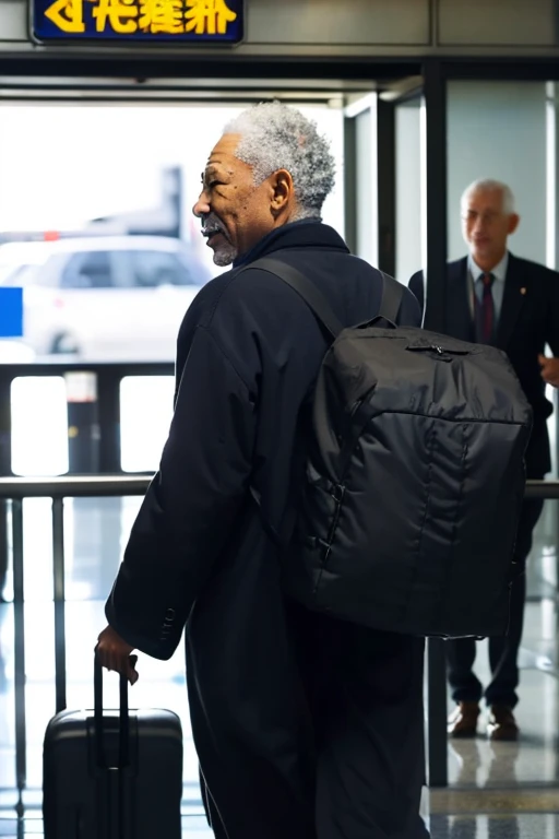The moment Morgan Freeman arrived in Japan： Back view of Morgan Freeman walking through the airport gate。carry baggage、His expression is a mixture of expectation and anxiety.。