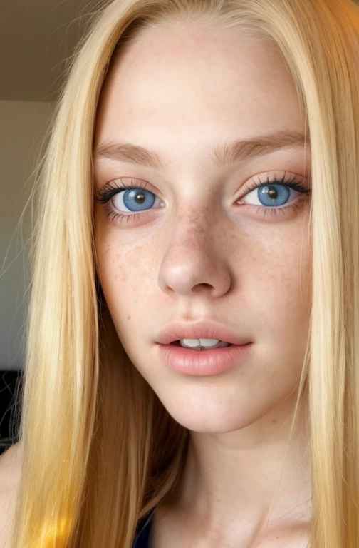 (close-up editorial photo of 19 yo woman, golden yellow  hair, slim American sweetheart), (freckles:0.8), (lips close), realistic blue eyes, POV, realistic[:, (film grain, 25mm, f/1.2, dof, bokeh, beautiful symmetrical face, perfect sparkling eyes, well defined pupils, high contrast eyes, ultra detailed skin, skin pores,closed mouth so that no teeth are visible, ultra detailed lips , vellus hair, fabric stitching, fabric texture, wood grain, stone texture, finely detailed features:1):0.9]