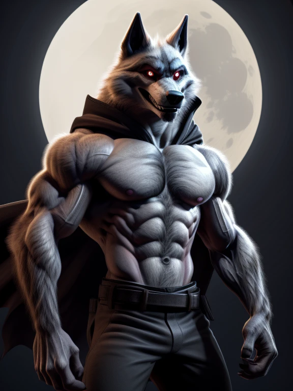 deathwolf,werewolf,male,aldult,alone,4K,best quality, whole body,looking at the audience,slim body, Show muscles,hairy body,Upper body exposed,bared  chest, Hairy chest, (muscular, Athletic body:1.0), Pink nipples, Six-pack abs, biceps, anatomically correct,Delicate fur,pride,soft shadow,majestic, (Detailed face, delicate eyes:1.1),red eyes,Sharp eyes,Grandiose,Valiantary,black pants,black cloak, ,Brown belt:1.1,Smile confidently,Strong,mature,simple night background,moon