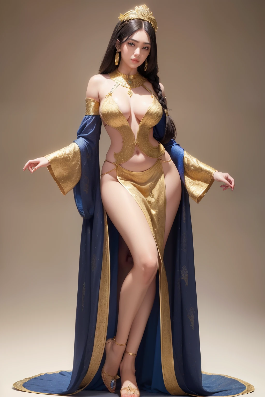 ((masterpiece, best quality, ultra-detailed, ultra-HD, photorealistic, cinematic)), ((alluring female Egyptian Princess)), (surrealism), (wide shot, full body:1.5), perfect body, sexy body, perfect face, perfect hands, delicate face, (bursting breasts), long round legs, (wide hips), (long ebony hair styled in intricate braids, hair cascading down her back, adorned with gold lotus blossom hairpieces:1.4), (ankle-length azure silk gown, gold hieroglyphic embroidery along the hem and neckline, figure-hugging silhouette with wide flowing sleeves, gold cuffs on sleeves with elegant draping:1.4), (ornate collar necklace with lapis lazuli and turquoise stones), (sensual pose), (gradient background:1.3), soft hazel eyes, detailed pupils, deep red lips, blushing, slightly parted lips