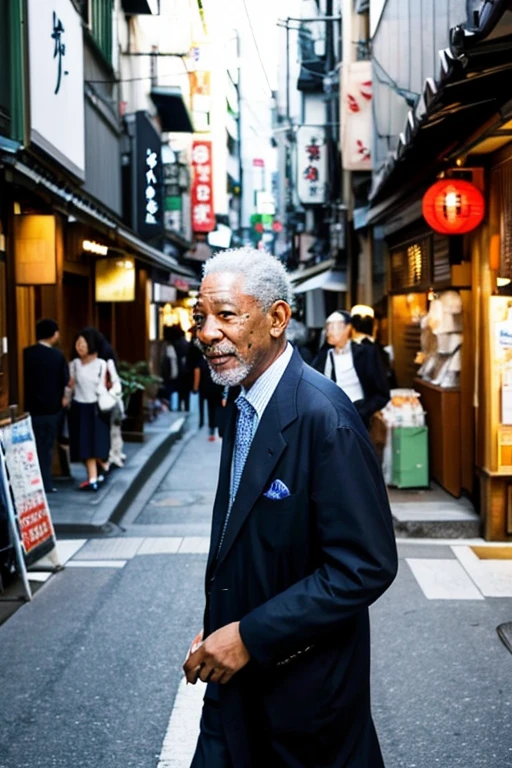 Morgan Freeman walks through the streets of Japan looking anxious: In the downtown area、Side view of Morgan Freeman walking while being overwhelmed by the new culture around him。