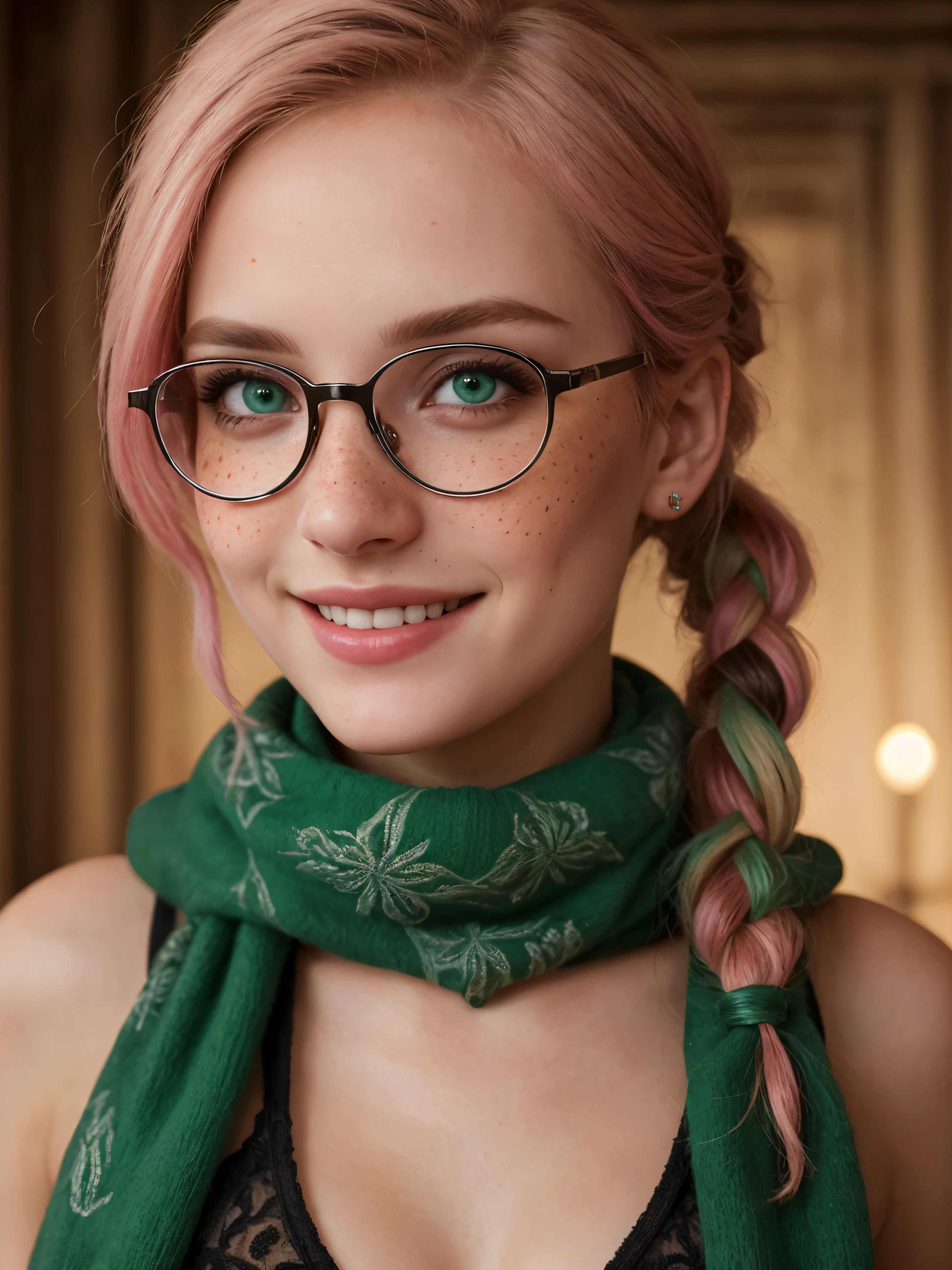 (Realistic:1.2), Photorealistic attractive beautiful woman with braided pink hair, green eyes, small freckles. wearing a Slytherin scarf, Glasses, Adventurer's Equipment, women's Leggins, cute sexy, nudist, feminine pose at Hogwarts, Cinematic lighting, Ethereal light, complex parts, extremely detailed, full color, complex parts, Insanely detailed and confusing, Hyper maximalist, rich colors. Cinematic, smiling, bright colors, detailed beautiful eyes and perfect face, rim light, 16 thousand., Best quality