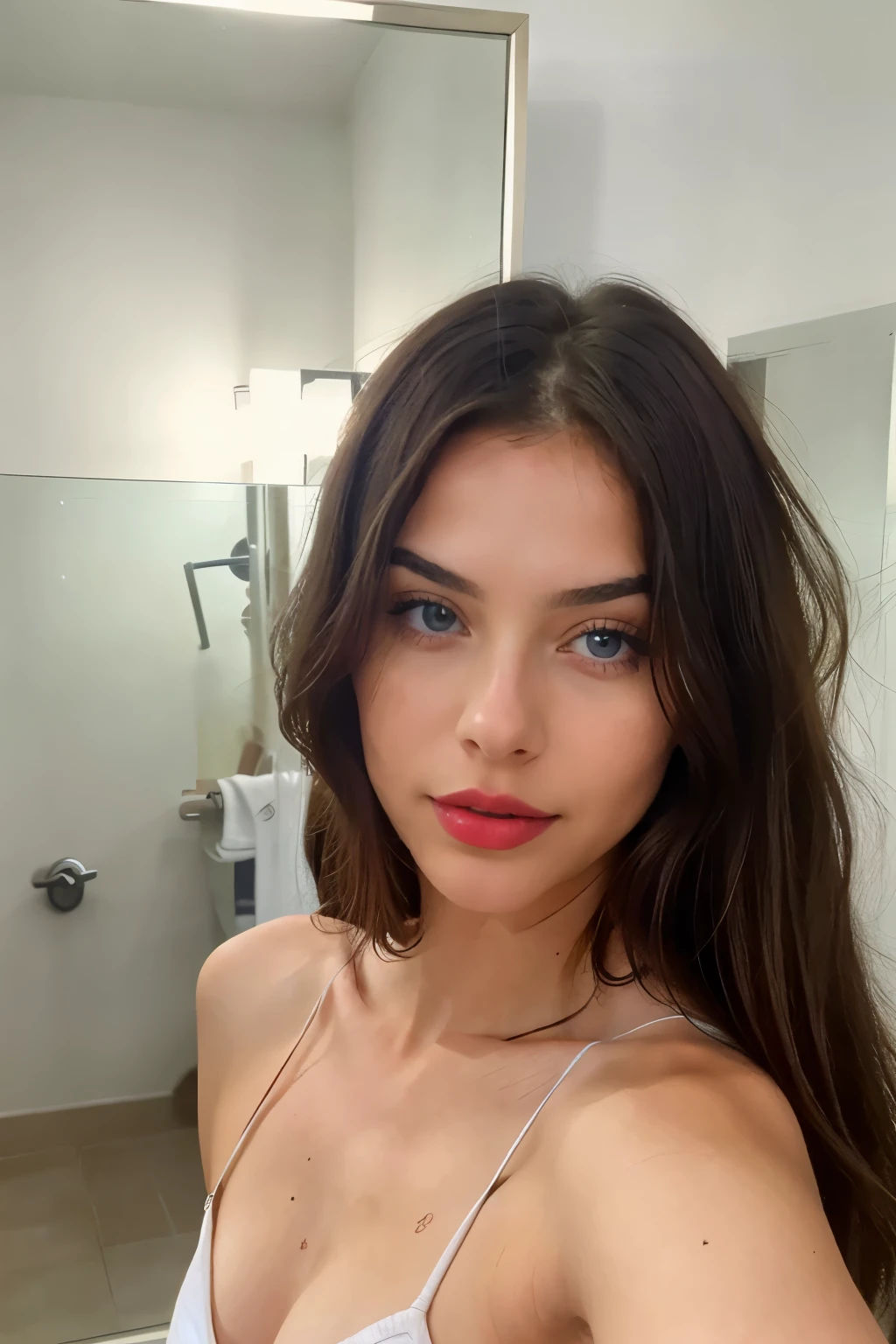 A mirror selfie of a 20-year-old brunette girl taken at the gym against a neutral-toned white background. Her facial expression is relaxed and confident, enhancing her natural beauty. Her hair flows loosely around her shoulders, appearing natural and slightly tousled. The lighting emphasizes the details, casting soft shadows around her features, particularly around her blue eyes and bold red lips. The image exudes a soft and serene ambiance, with the focus predominantly on the subject's face and hair. The high-resolution mirror selfie was professionally captured with intricate detail, showcasing the realistic texture of her skin and the natural hue of her eyes. Post-processing was