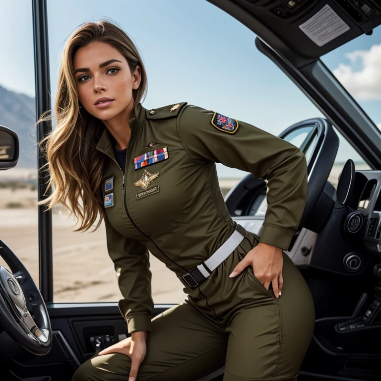 "Create a visual representation of a stunning woman, destacando por su altura de 1.80 metros y unas medidas y peso de modelo (86-61-86 y 56 kg). His fibrous body and slender muscles reveal the effect of constant exercise., hiding great physical strength behind its apparent perfection. Su tez blanca, almost translucent, is adorned with freckles. Light brown hair with blonde highlights, liso y un poco lacio, enmarca su rostro. Posee ojos verdes, similares a los de una gata. En la imagen, The woman is dressed in a military pilot's jumpsuit and is leaning on her F18, destacando su presencia fuerte y decidida. The combination of elegance and military power is reflected in this visual representation."