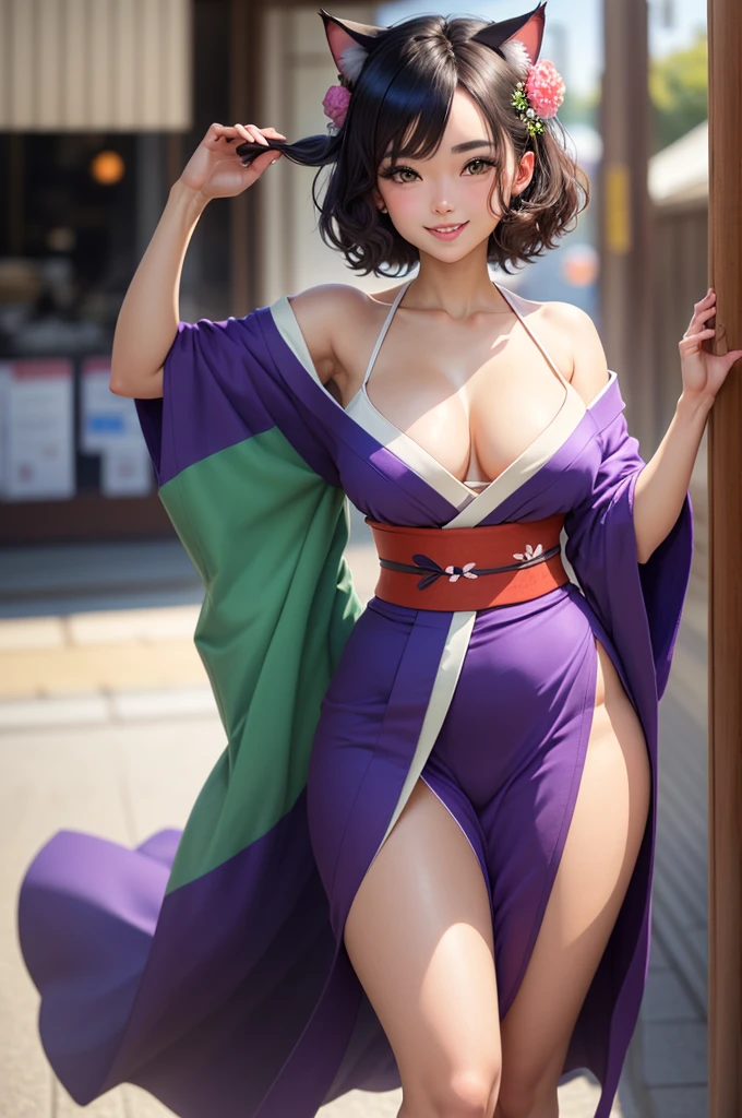 Make a beautiful young woman, tall, with short green hair, cat ears, purple eyes, a pretty, perfect face, with a beautiful smile, a beautiful look, a beautiful body, a perfect body, with dark skin, a dark complexion, a slender body, large bust, wide thighs, with a kimono, perfect kino, the kino is detailed with lus, the kimono highlights her figure, the kimono is tailored to her body, anime style, high quality, clear image