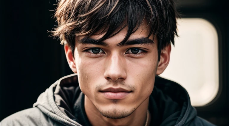 Portrait of a Man, A young, 15 years, Happy, with piercing eyes, Detailed Face, High Details, photografic, dark studio, rim light, Nikon D850, 50mm, f/1.4