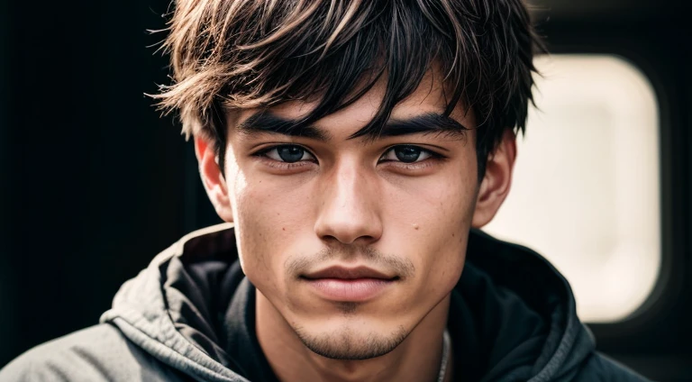 Portrait of a Man, A young, 15 years, Happy, with piercing eyes, Detailed Face, High Details, photografic, dark studio, rim light, Nikon D850, 50mm, f/1.4
