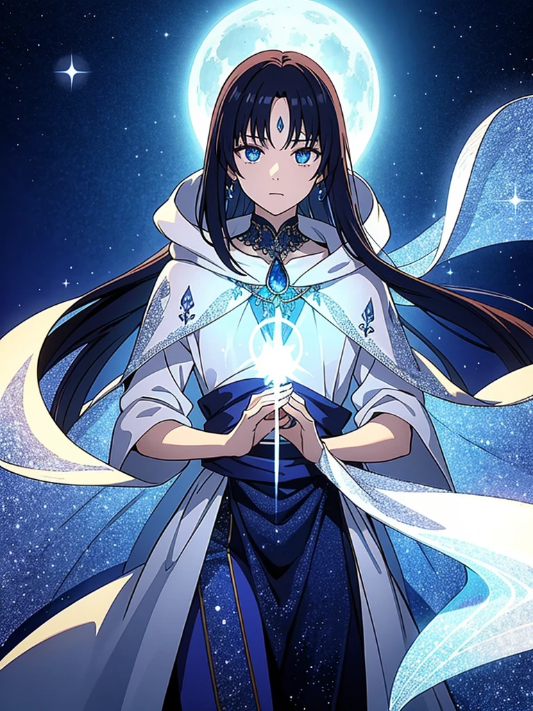 Purified Eclipse is a mysterious figure with a complexion that seems to absorb and reflect the light around him. His midnight-black hair cascades like a shadowy veil, framing his enigmatic face. His eyes, deep pools of sapphire, emit an ethereal glow that mirrors the phases of the moon. Purified Eclipse has an otherworldly presence, and his every movement exudes an aura of tranquility and mystique.He wears a long, flowing cloak crafted from celestial fabric that shimmers like the night sky, adorned with intricate silver embroidery resembling constellations. Underneath, he dons a simple yet elegant attire, incorporating deep indigo and silver hues. A pendant, crafted from a rare lunar gem, hangs from his neck, emitting a gentle radiance.