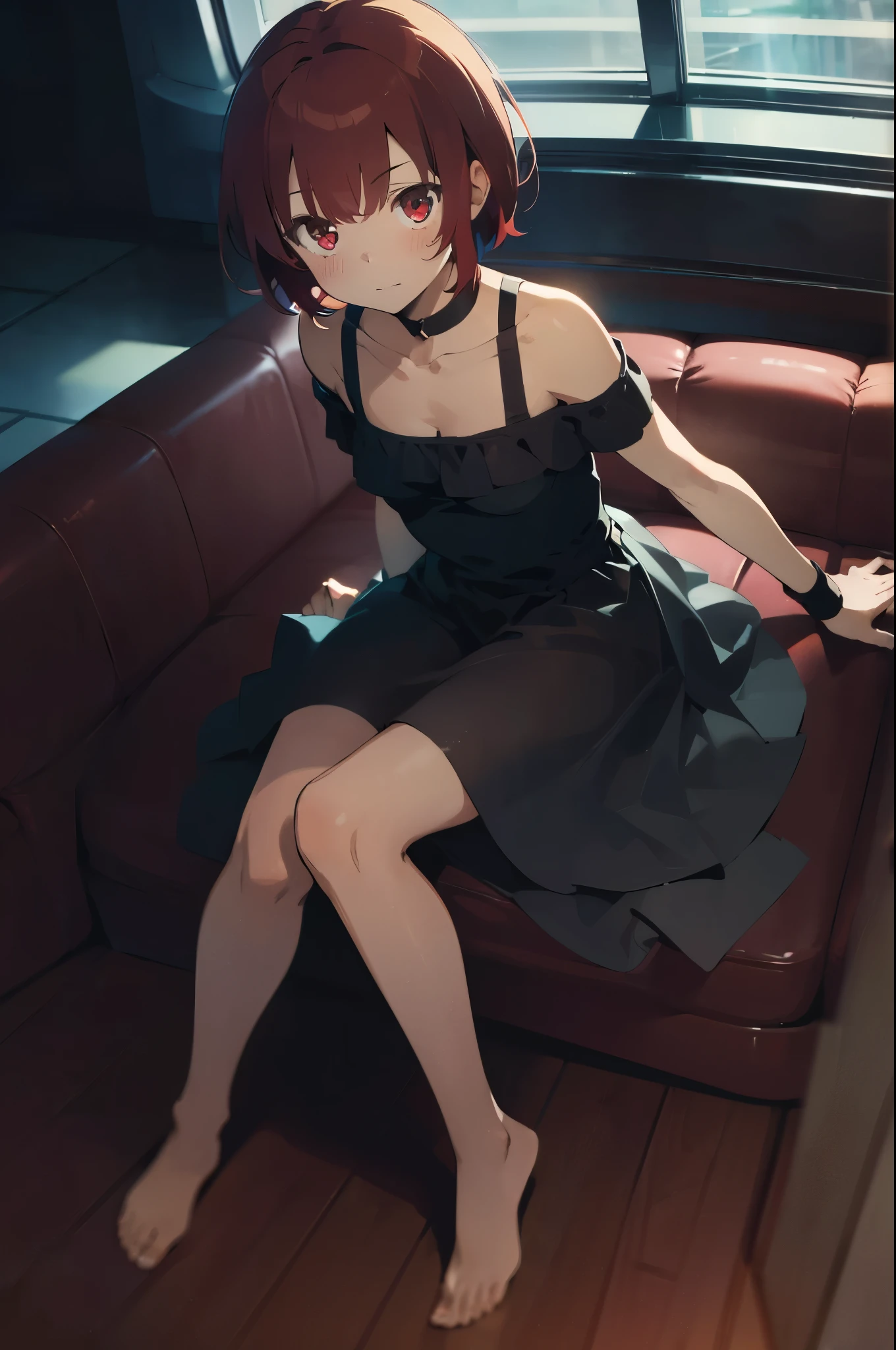 ((best quality)), ((masterpiece)), rating:safe 1girl, red_hair, sitting, red_eyes, short_hair, dress, solo, choker, blush, bare_shoulders, looking_at_viewer, breasts, black_dress, small_breasts, wristband, barefoot, collarbone