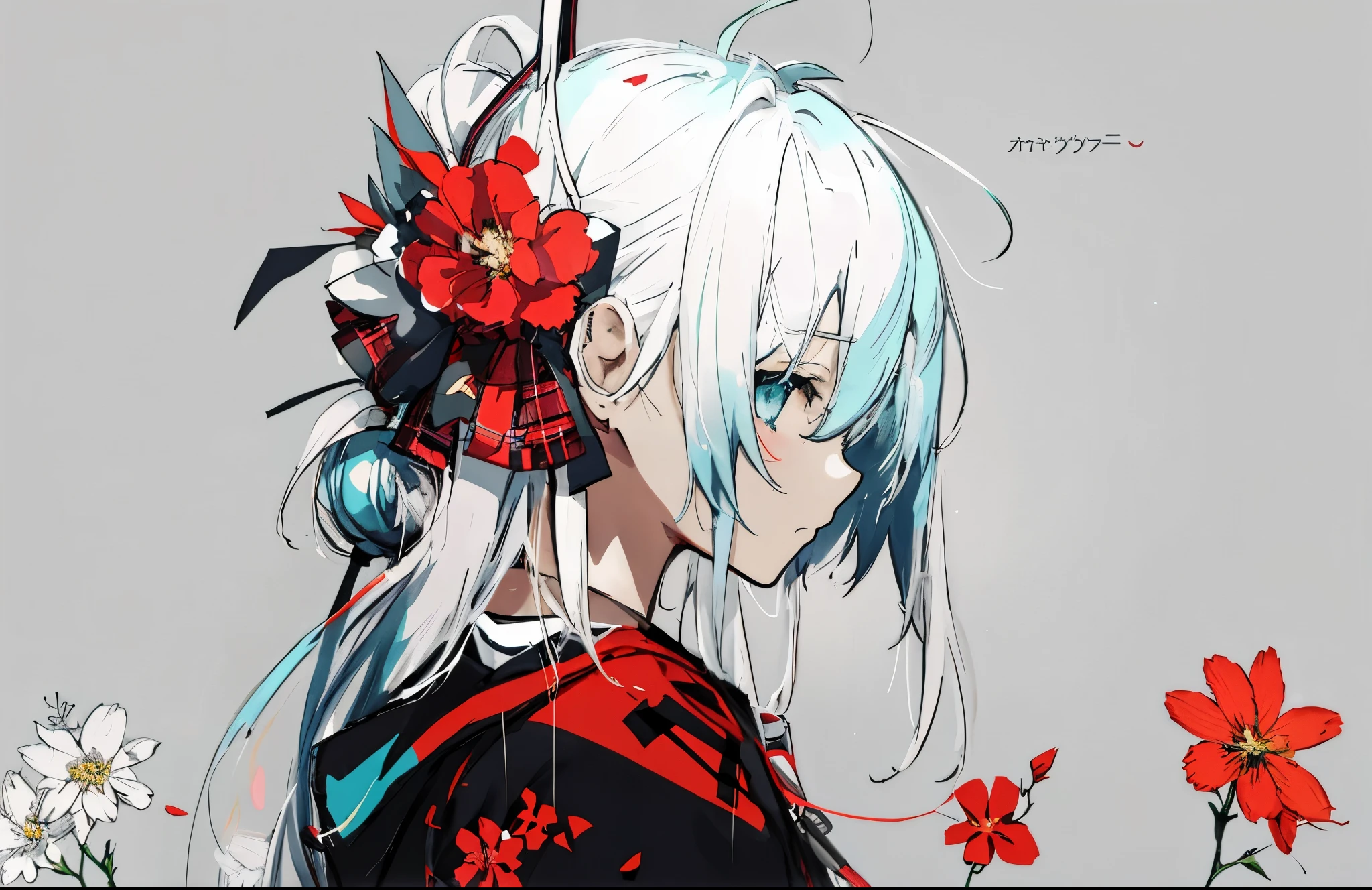 anime girl with flowers in her hair and a gray background, zerochan art, digital art on pixiv, zerochan, anime art wallpaper 4k, anime art wallpaper 4k, pixiv, trending on artstation pixiv, 2d art cover, hatsune miku, cyan colored hair, hatsune miku headphone with flower accent, heads looking right side, eyes on camera