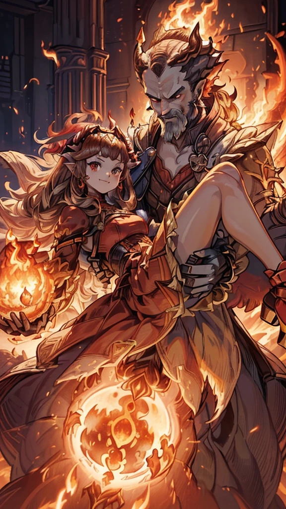 (1 girl and 1 Ifrit), ((1 Ifrit is big gentleman, he is doing princess carry to girl, with flame:1.4)), break, ((1 curly long hair cute girl cute red eyes cute smile in a red princess dress)), in the nighat, masterpiece, best quality, 8k, beautiful detailed grow, daydreaming expression:1.4.