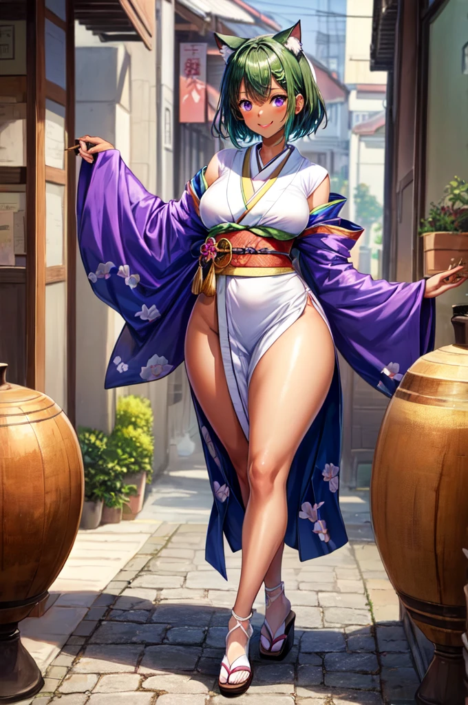 Make a beautiful young woman, tall, with short green hair, cat ears, purple eyes, a pretty, perfect face, with a beautiful smile, a beautiful look, a beautiful body, a perfect body, with dark skin, a dark complexion, a slender body, large bust, wide thighs, with a kimono, perfect kino, the kino is detailed with lus, the kimono highlights her figure, the kimono is tailored to her body, anime style, high quality, clear image