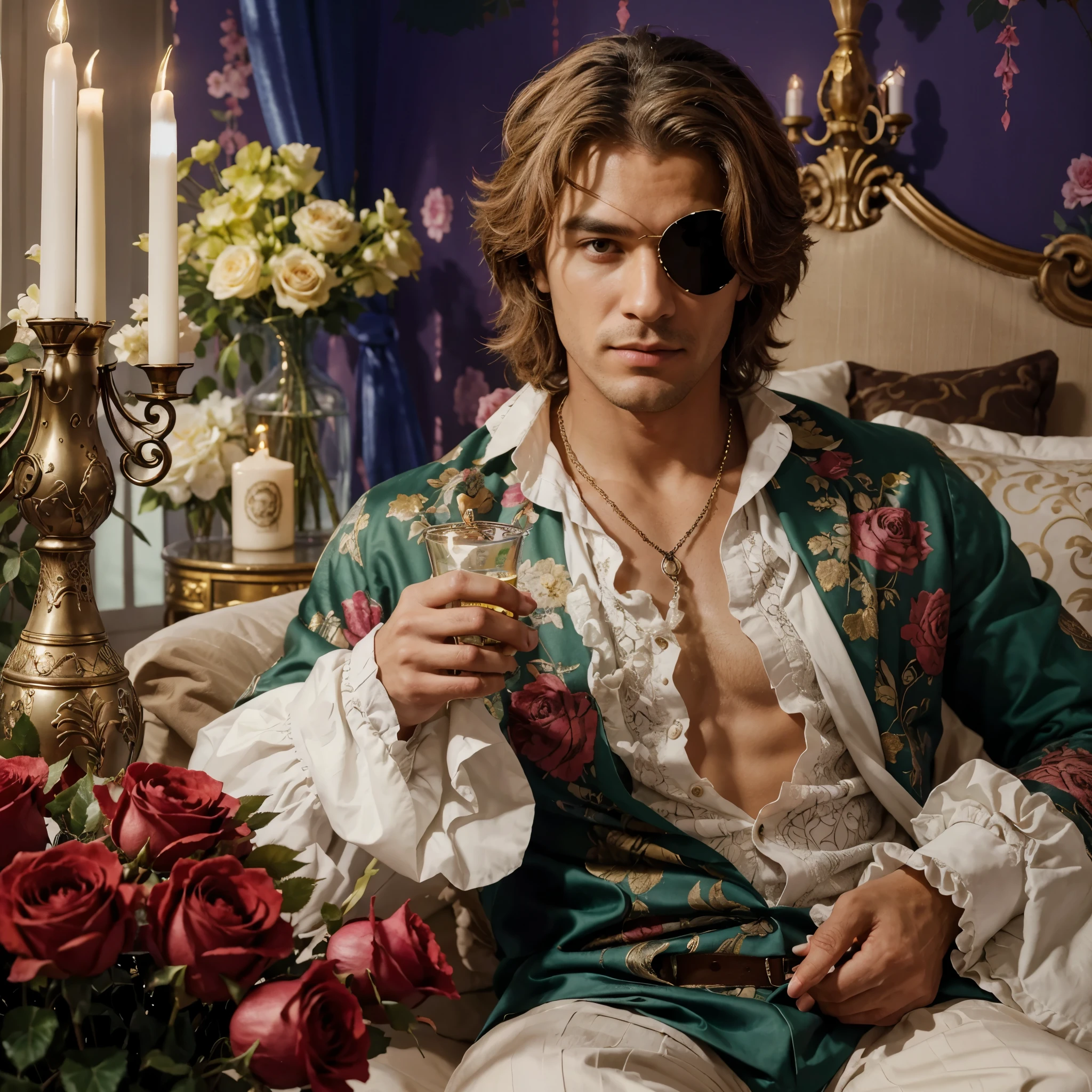 ultra realista, 8k, cinematic image shows a handsome man posing for a photo in a room decorated in baroque style. Ele tem um tapa olho, and a bottle of poison in your hands, cabelos de cor clara,. The man is wearing a shirt with strappy sleeves and a suit with ornamental details, indicating a style of clothing that can be associated with a bygone era, maybe Baroque or Rococo.He is sitting on a bed with blankets and pillows of an antique design, and next to her there is a basket with red roses and pink roses. .The room is lit with candles and a lamp, which contributes to a romantic and sophisticated atmosphere. Behind him, there is a green fabric curtain and a chandelier with lit candles, o que ajuda a criar uma atmosfera de luxo e refinamento.The man is holding GLASS OF POISON