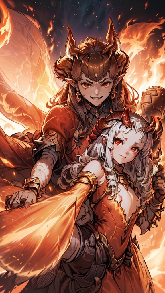 (1 girl and 1 Ifrit), ((1 Ifrit is big gentleman, he is doing princess carry to girl, with flame:1.4)), break, ((1 curly long hair cute girl cute red eyes cute smile in a red princess dress)), in the nighat, masterpiece, best quality, 8k, beautiful detailed grow, daydreaming expression:1.4.