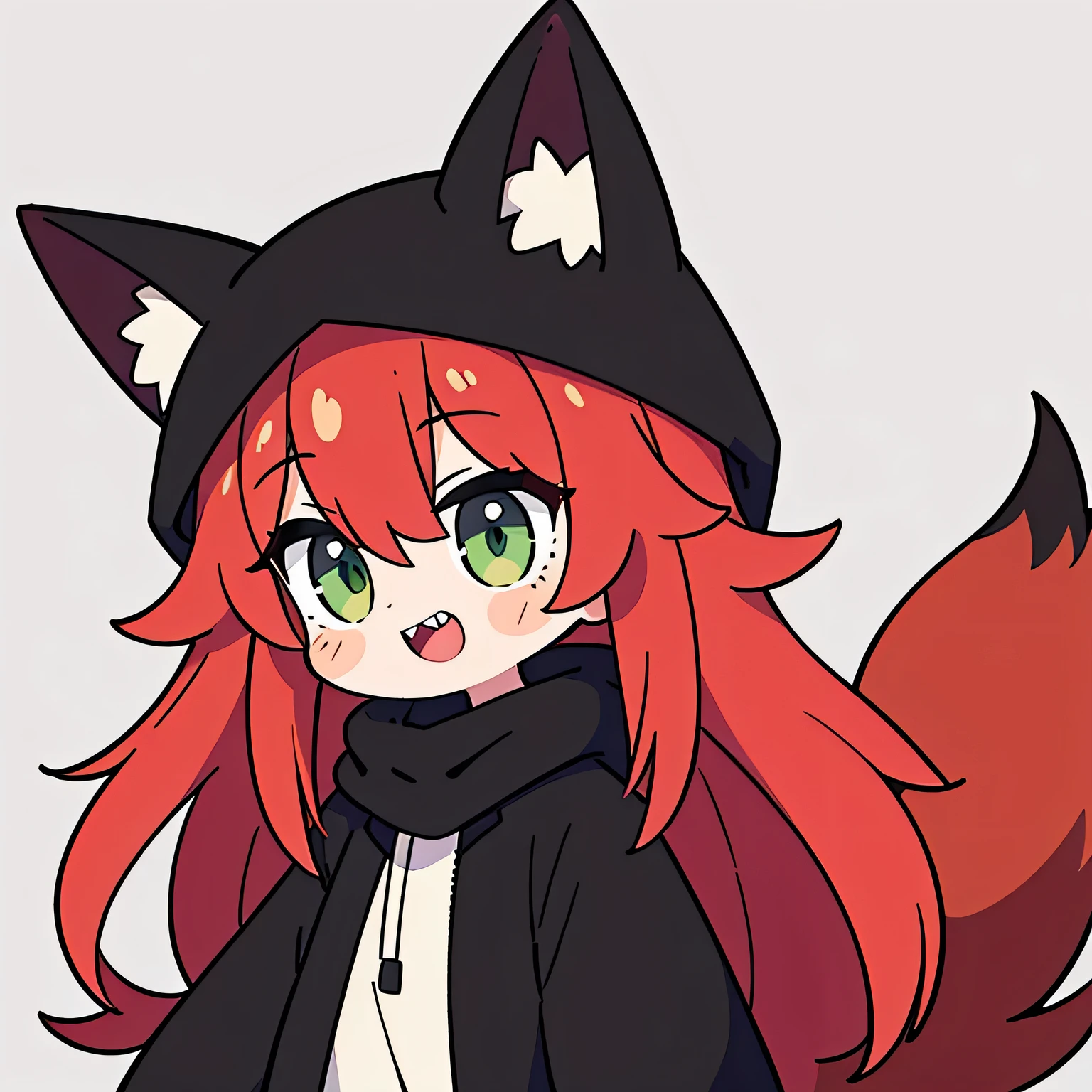 1girl, long red hair, green eyes with vertical pupil, fox ears, long black coat, fur hood, red fox tail, white tip, vertical scar on right eye, sharp teeth