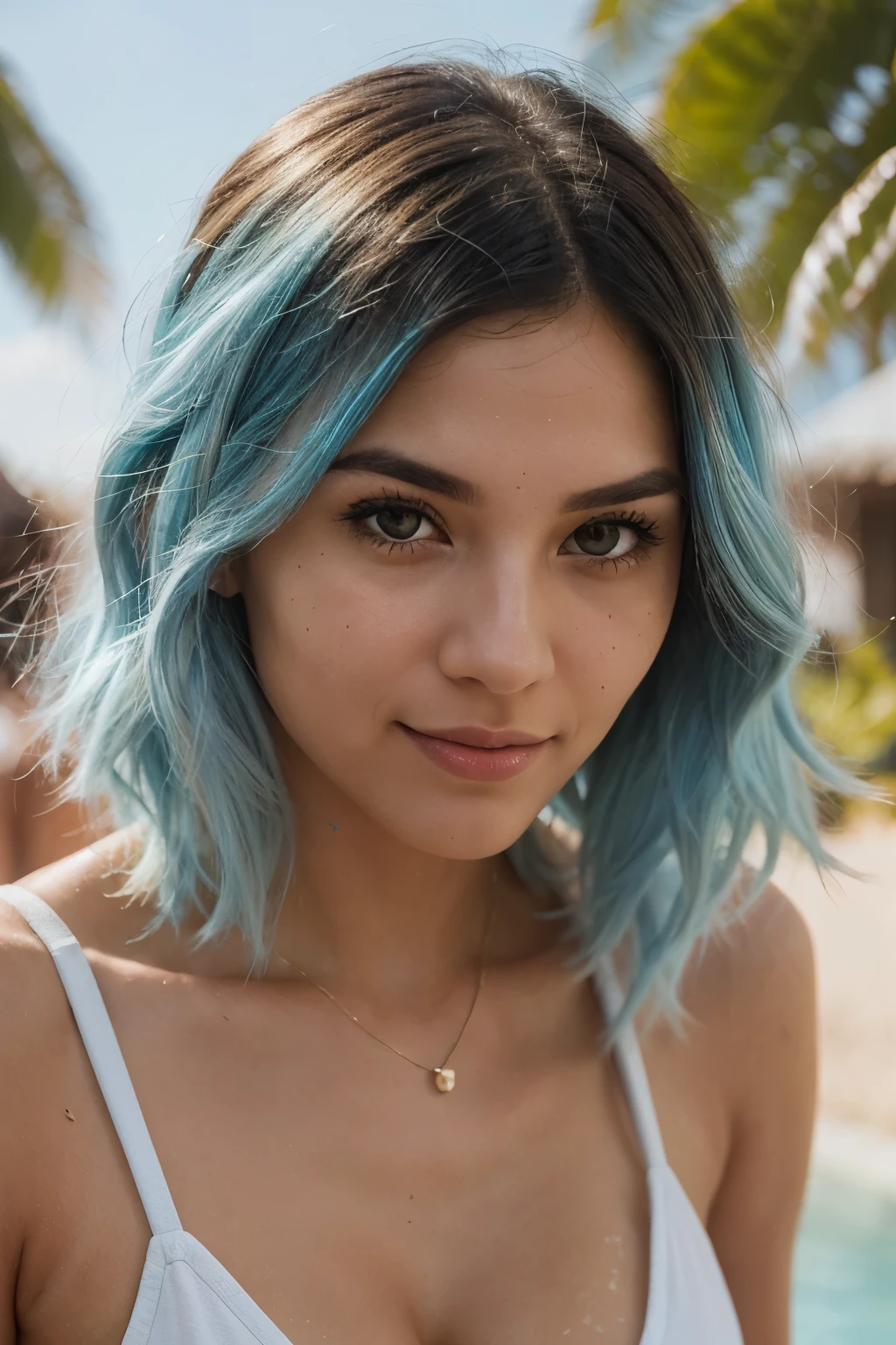 Imagine Isabella under the radiant sun in close-up, her short, wavy light blue hair, her tanned skin reflecting Brazilian culture. She sports a look that reflects relaxed trends and rich Brazilian culture, with vibrant colors and charming details. Capture Isabella's vibrant spirit and unique style in this colorful, hyperrealistic moment
