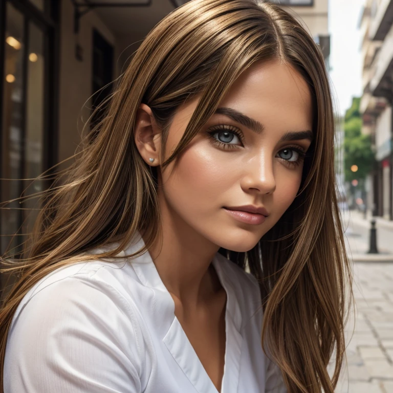 Una mujer con cara rectangular, ojos verdes felinos con cejas redondeadas, nariz chata, small mouth with rounded lips, frente convexa, flat cheeks and asymmetrical cheekbones, 3D, full body, movie scenes, ultra realistic, colorful. 4K, --ar 2:1, ojos verdes, light brown hair with blonde highlights, liso y un poco lacio, que enmarque su rostro.