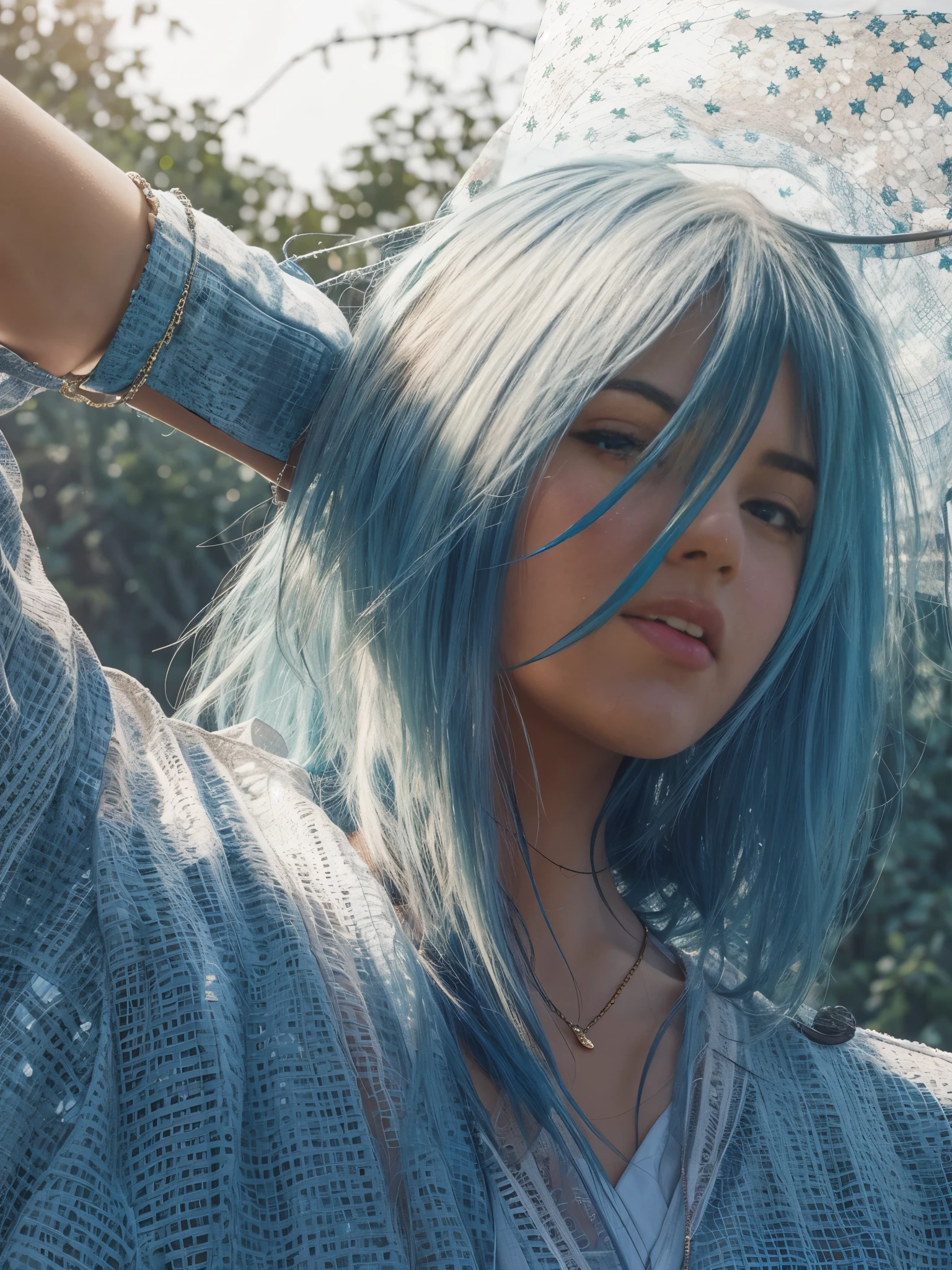 Portrait of a girl, blue hair, wearing a blue blouse, high quality image, 8k resolution, hd image