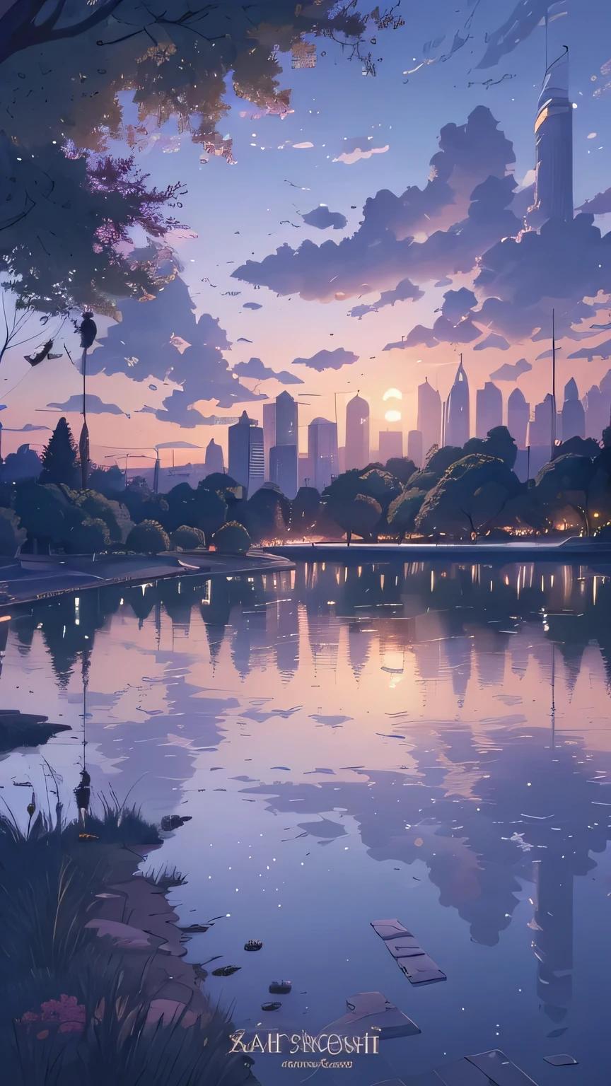 Cartoon scene of city with lake and trees, Detailed Landscape - Width 672, city dusk landscape, beautiful cityscape, landscape artwork, anime background art, beautiful anime scenery, beautiful anime scene, anime scenery, anime scenery, anime scenery wallpaper, Xin Haicheng'style, Ilya Kuvshinov landscape, Few details. number, city sunset