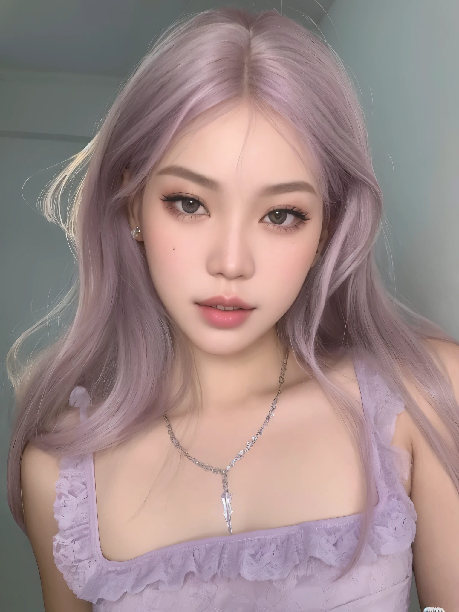 um close up de uma mulher com cabelos longos usando um vestido roxo, maquiagem sul-coreana popular, maquiagem coreana popular, longos cabelos roxos claros, lilac hair, Ulzzang, cabelo de lavanda, sakimichan, Bela Delfina, parque roseanne de blackpink, cabelo liso rosa, long hair with pastel colors, cabelo longo violeta, coreana, Blush de lavanda, maquiagem pastel