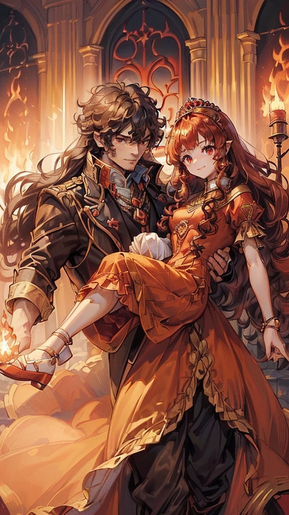 ((1 Ifrit is biggest gentleman:1.2, he is doing princess carry to girl, with flame:1.4)), break, ((1 girl is human, she is curly long hair cute girl cute red eyes cute smile in a red princess dress)), in the nighat, masterpiece, best quality, 8k, beautiful detailed grow, daydreaming expression:1.4.