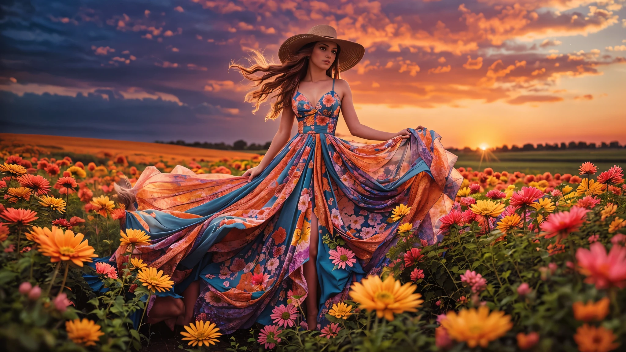A woman in a colorful dress and hat standing in a field of flowers ...