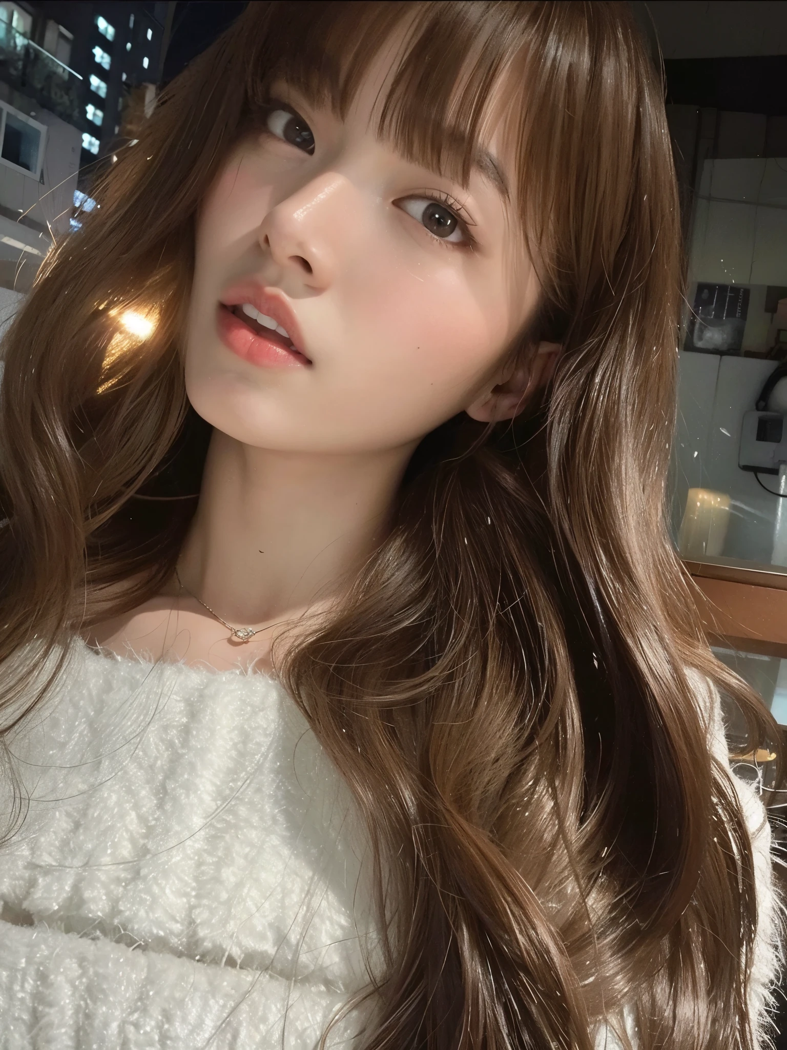 A closeup of a woman with long hair wearing a white sweater, Ulzzang, brown long hair com franja, neat hair com franja, brown hair com franja, long hair com franja, cabelo castanho e franja, long hair com franja completa, franja marrom, com franja, franja fofa, Lalisa Manobal, com franja completa, o corte Hime