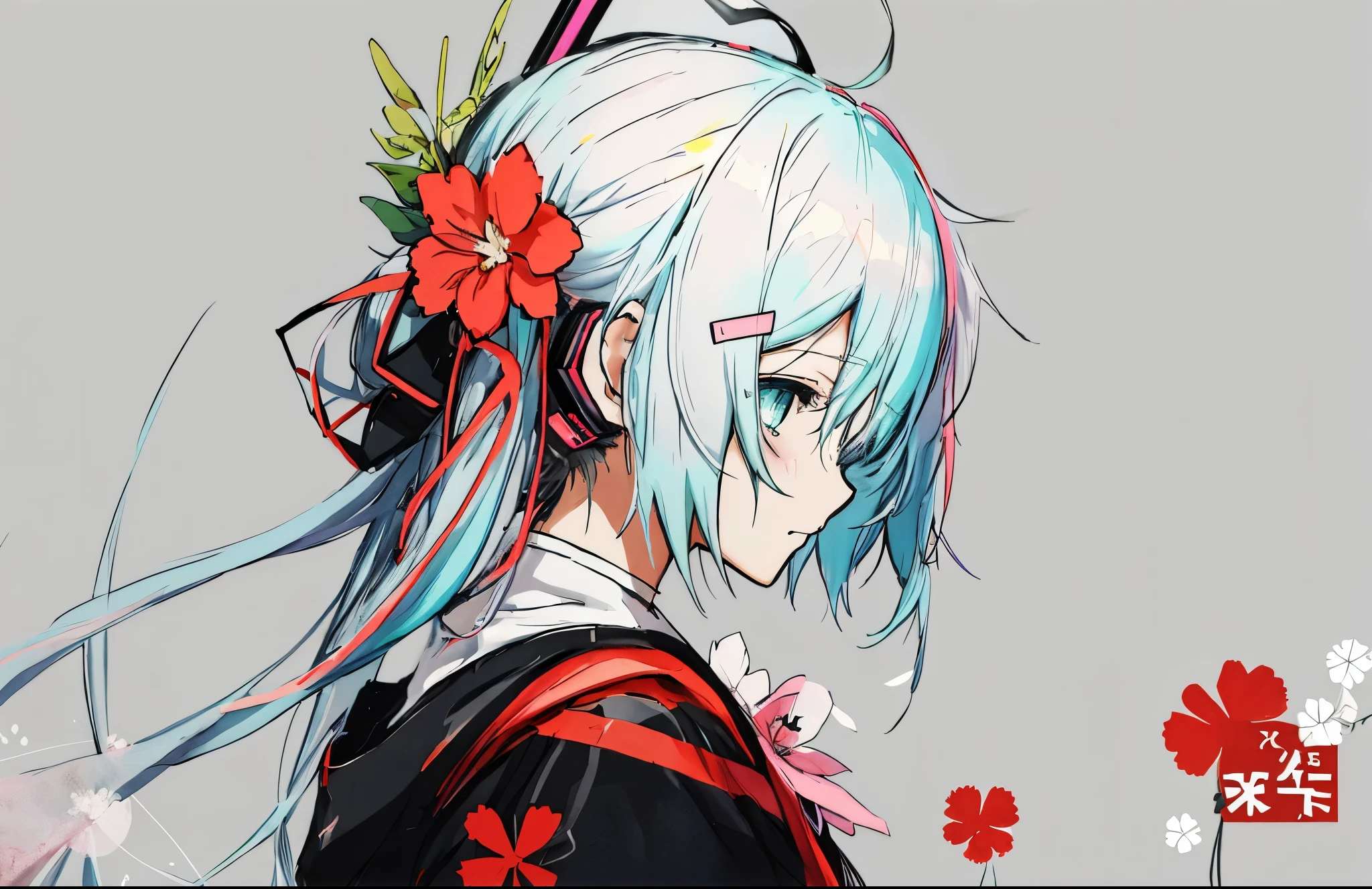 anime girl with flowers in her hair and a gray background, zerochan art, digital art on pixiv, zerochan, anime art wallpaper 4k, anime art wallpaper 4k, pixiv, trending on artstation pixiv, 2d art cover, hatsune miku, cyan colored hair, hatsune miku headphone with flower accent, heads looking right side, eyes on camera